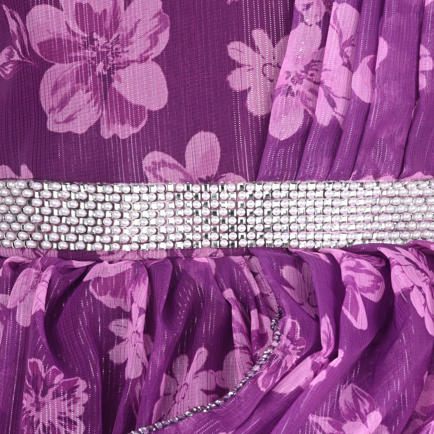 Girls Chiffon Party Dress with Floral Print & Stone Belt