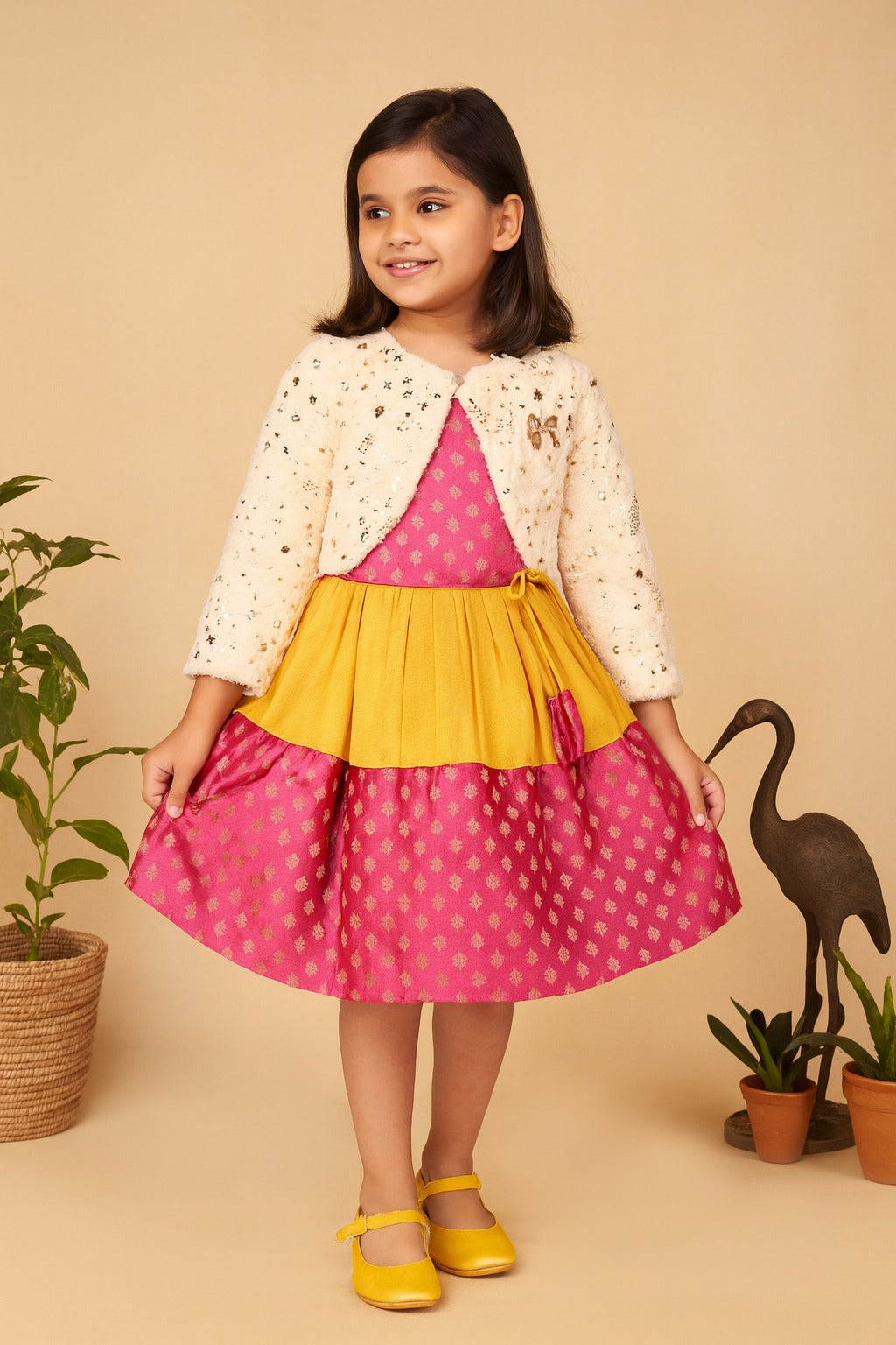 Pink & Yellow Art Silk Party Frock with Cream Fur Jacket for Girls – Full Sleeves, Winter Ethnic Wear