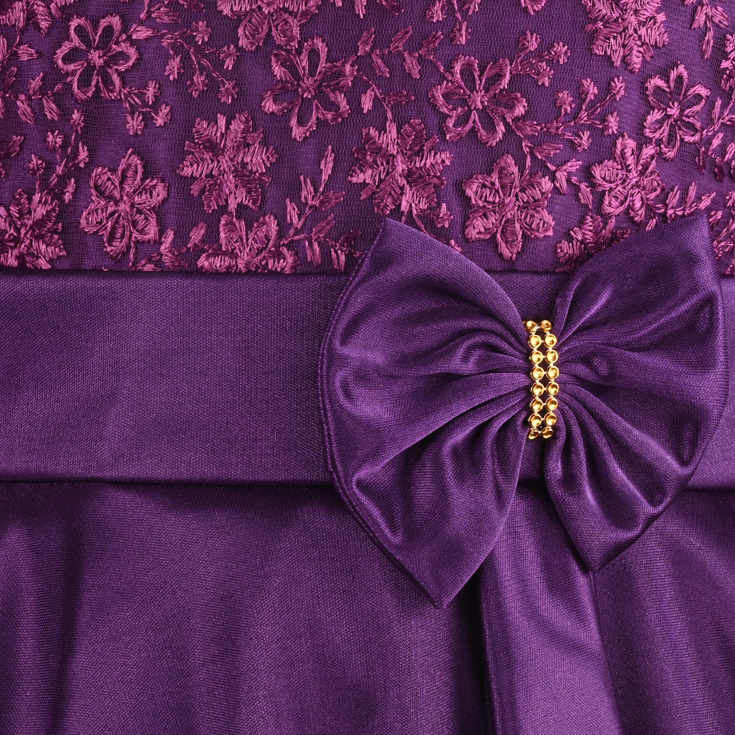 Girls Party Wear Embroidered Fit & Flare Dress | Lycra Fabric | Full Sleeve Floral Net Design with Bow Waist Belt