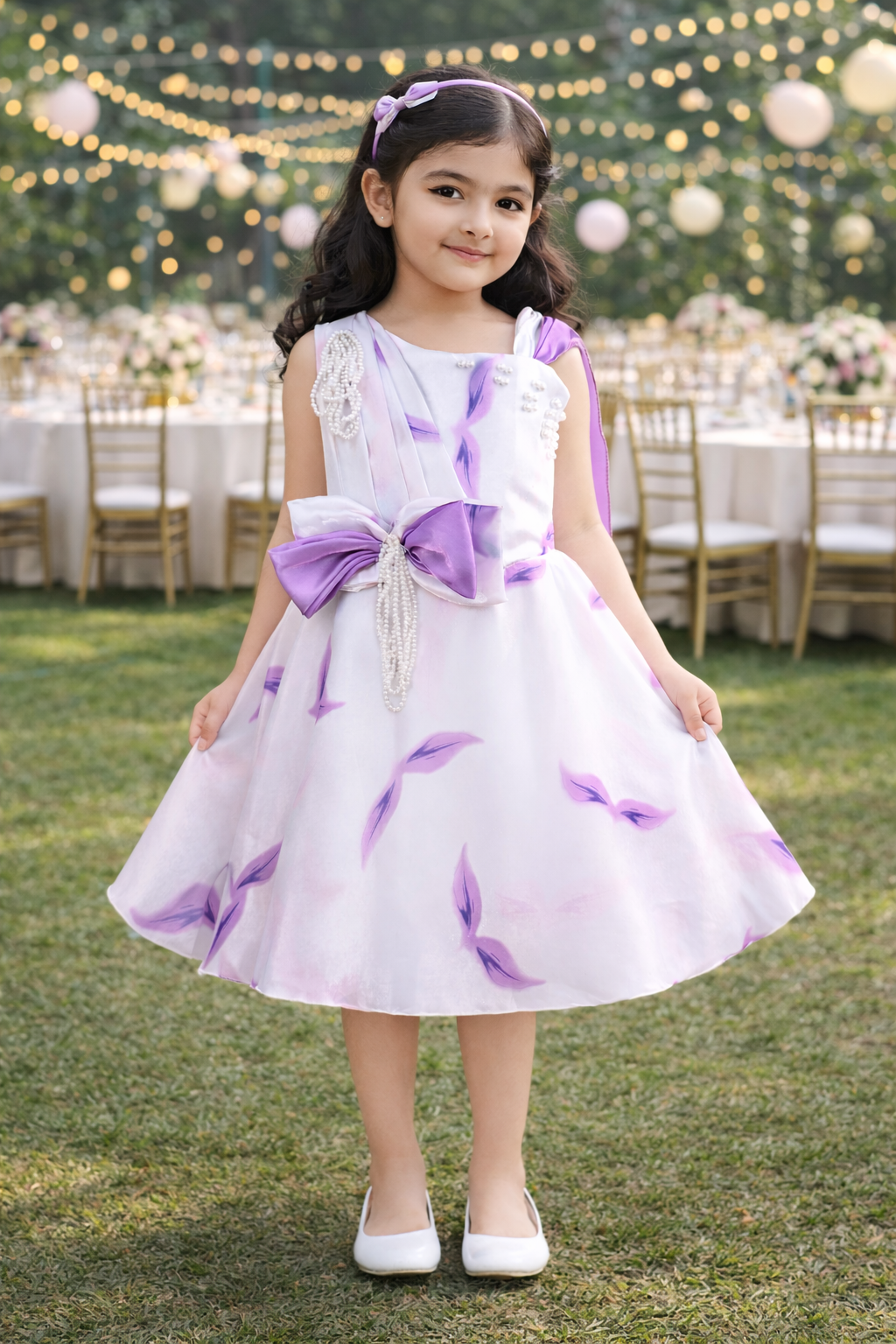 One-Shoulder Satin Floral Pattern with Pearl Bow Detail