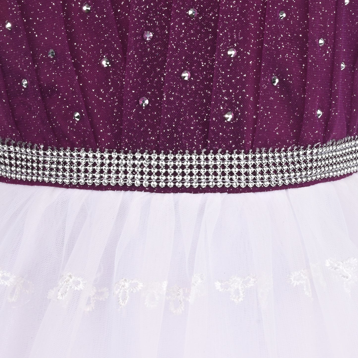 Stylish Net Party Dress for Girls – Sleeveless Design with Embellished Lace and Sparkle Details