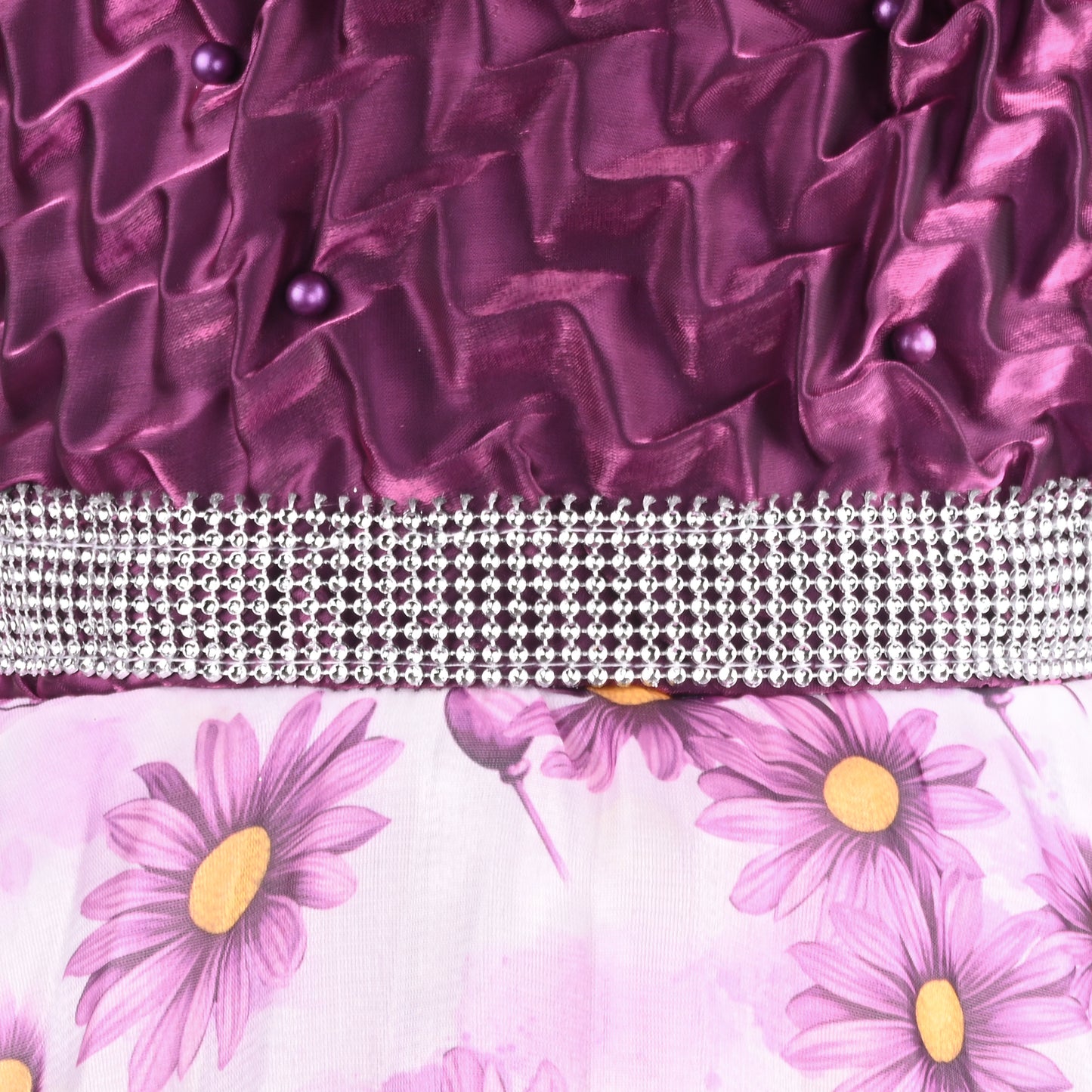 Beautiful Satin Party Dress for Girls – Puff Sleeves with Floral Print Skirt and Pearl Detailing