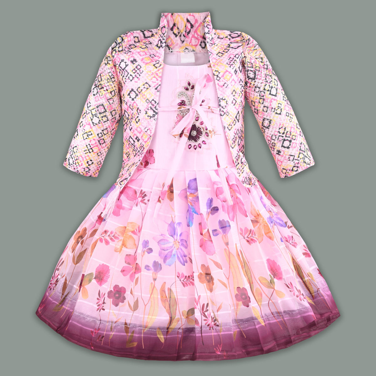 Baby Girls Georgette Party Wear Dress with Jacket | Floral Printed Frock & Embellished Inner Dress | Birthday & Festive Outfit