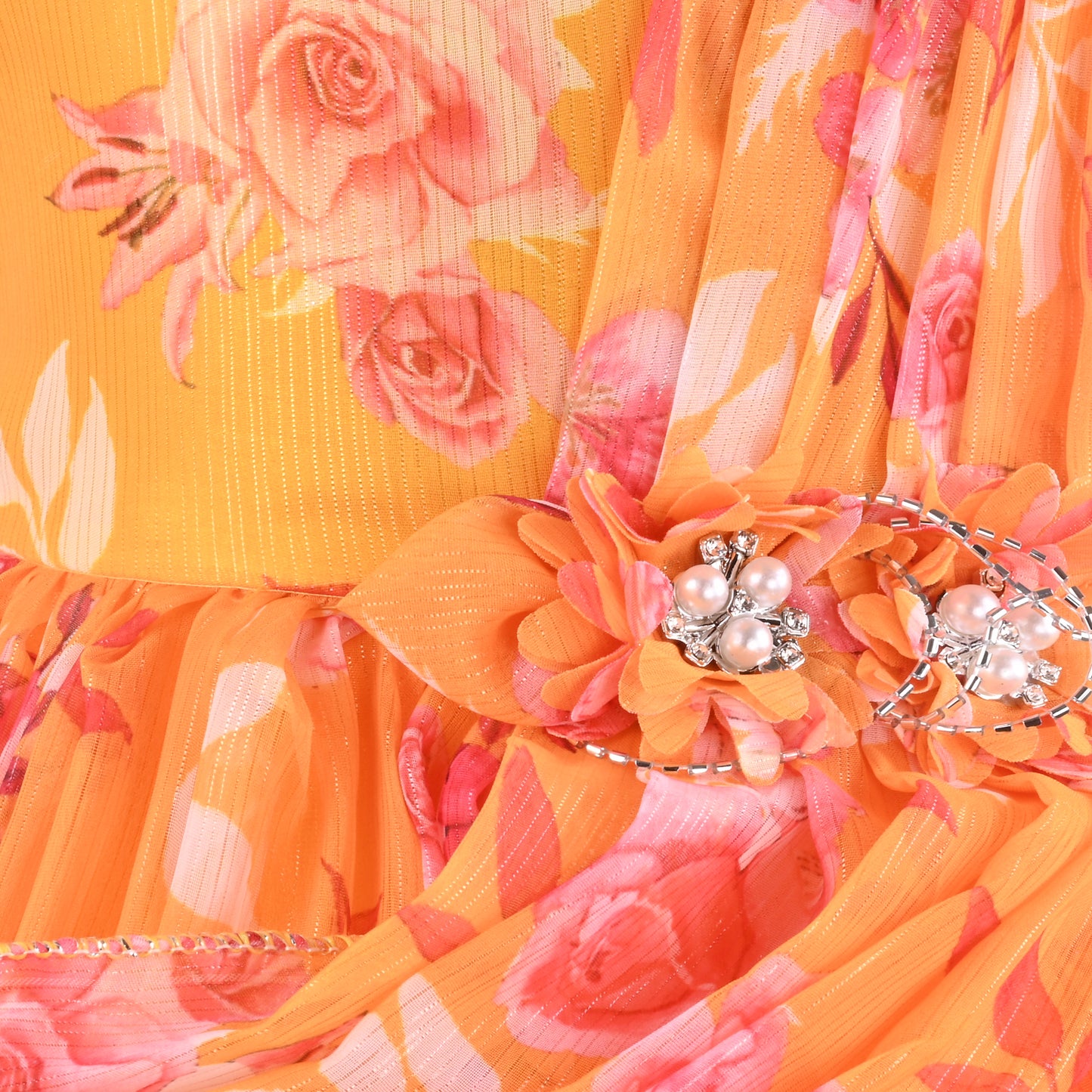 Elegant Floral Georgette Party Dress for Girls – Sleeveless Design with Drape and Flower Embellishment