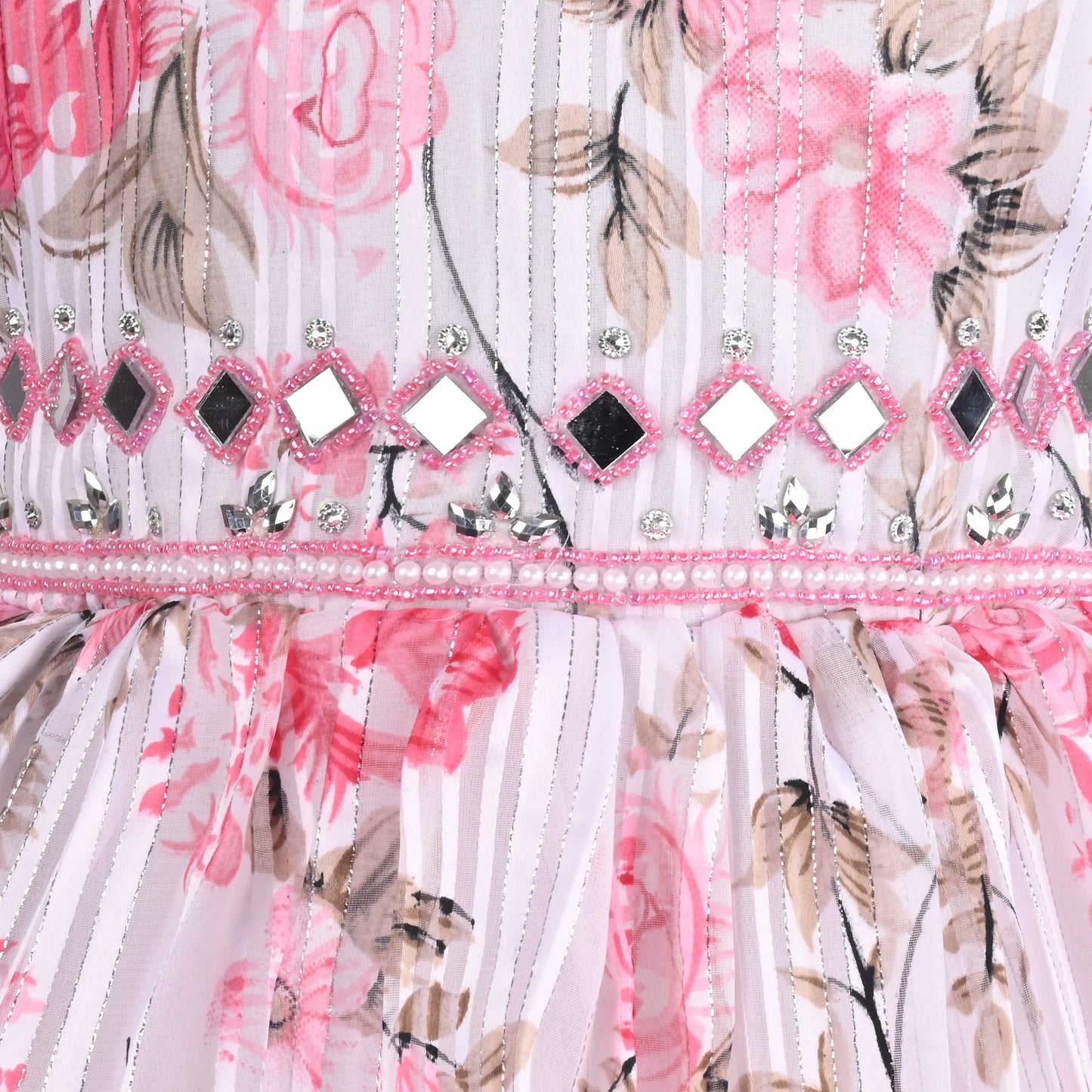 Girls Chiffon Party Dress with Floral Print & Mirror Work