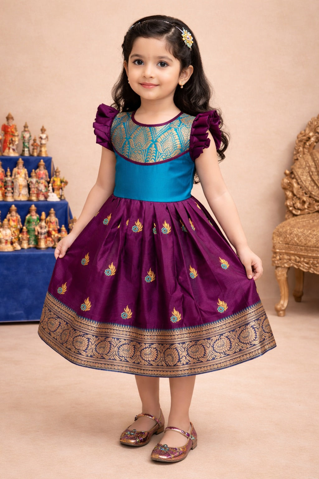 Girls Traditional Silk Party Frock – Banarasi Pattu Dress – Wish Karo