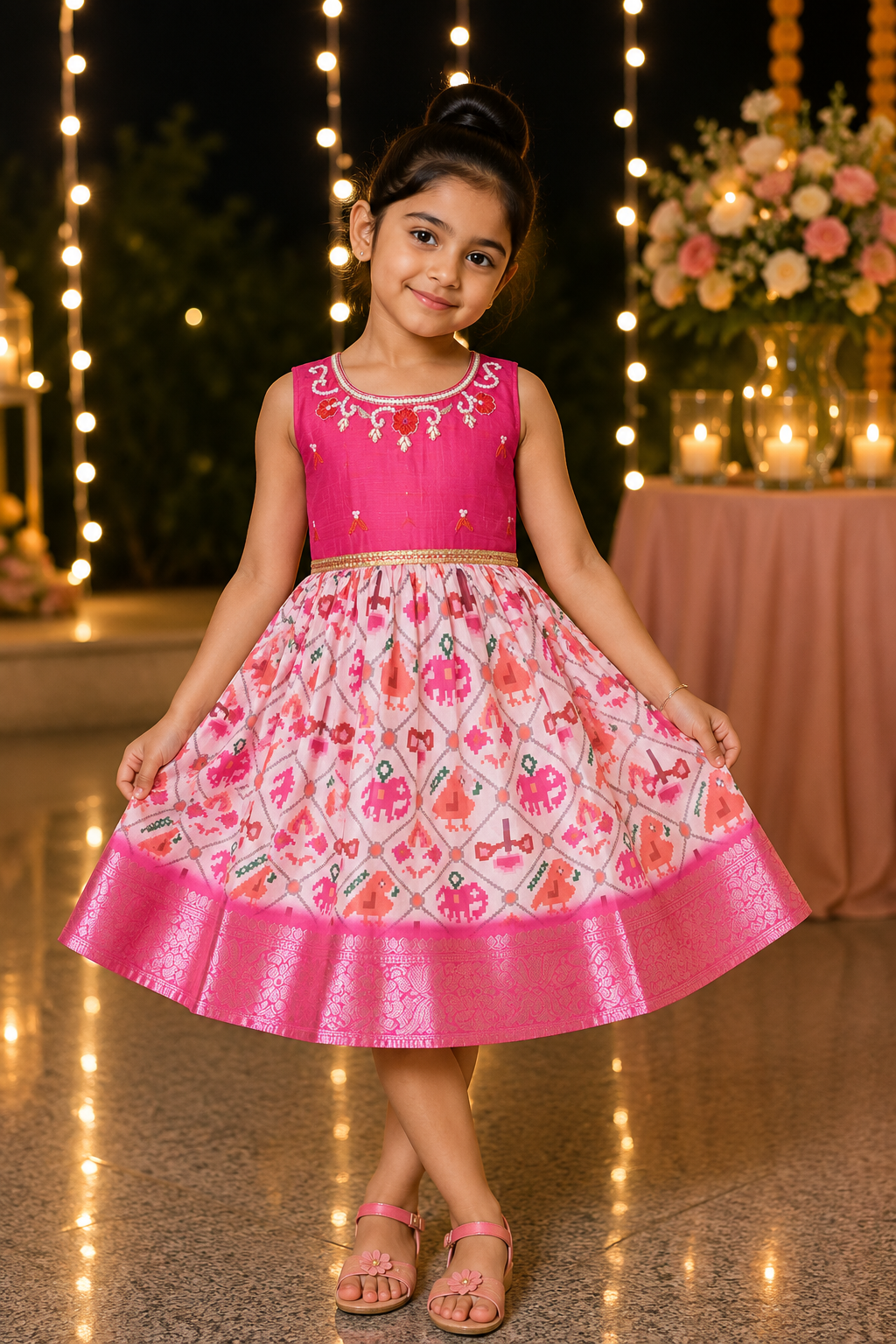Girls Satin Party Dress with Embroidered Yoke & Printed Flare Skirt