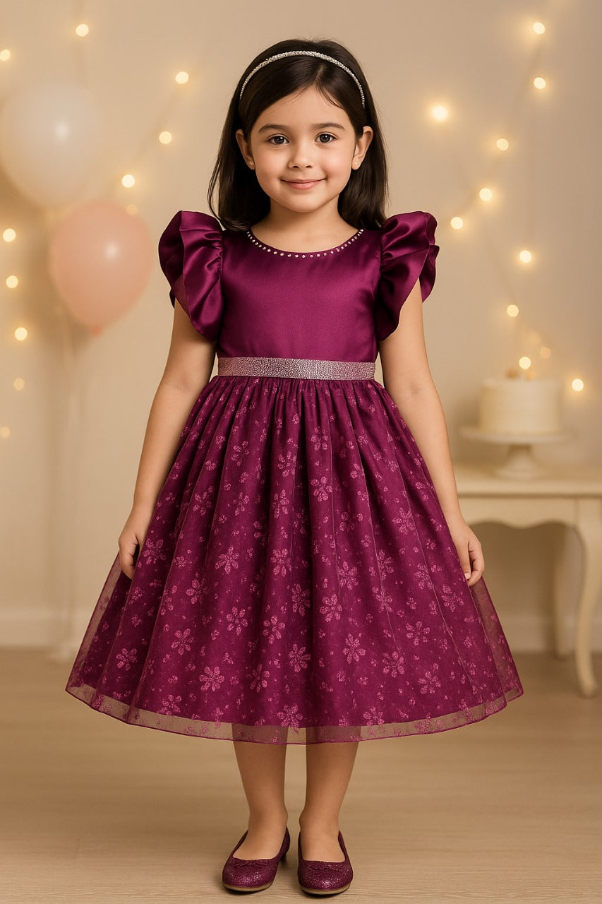 Girls Floral Shimmery Ruffle Sleeve Dress