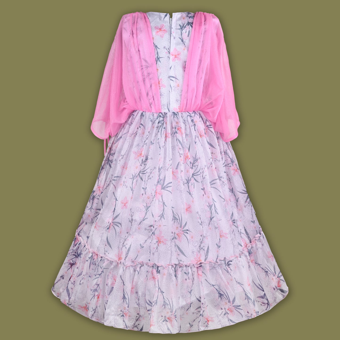 Girls Flowy Sleeves Mirror Belt Tiered Dress