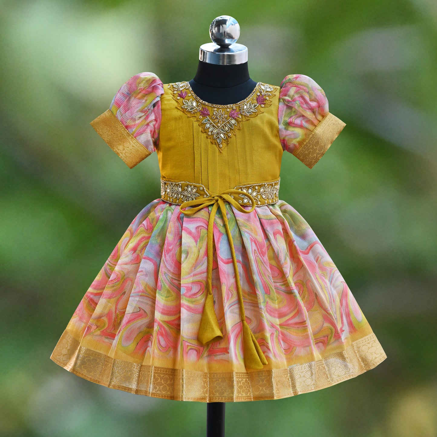 Girls Floral Bead Embellished Puff Sleeve Ethnic Dress