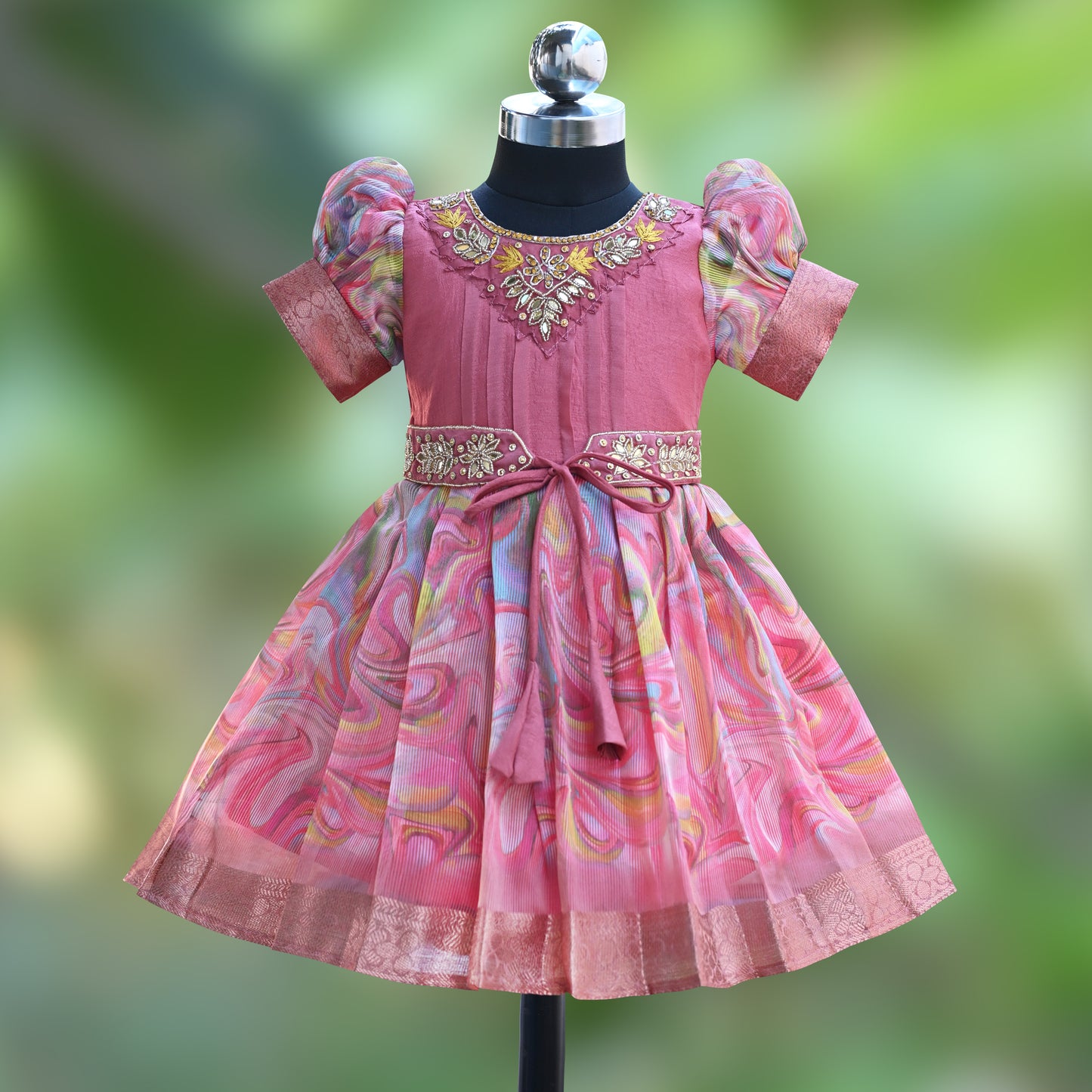 Girls Floral Bead Embellished Puff Sleeve Ethnic Dress