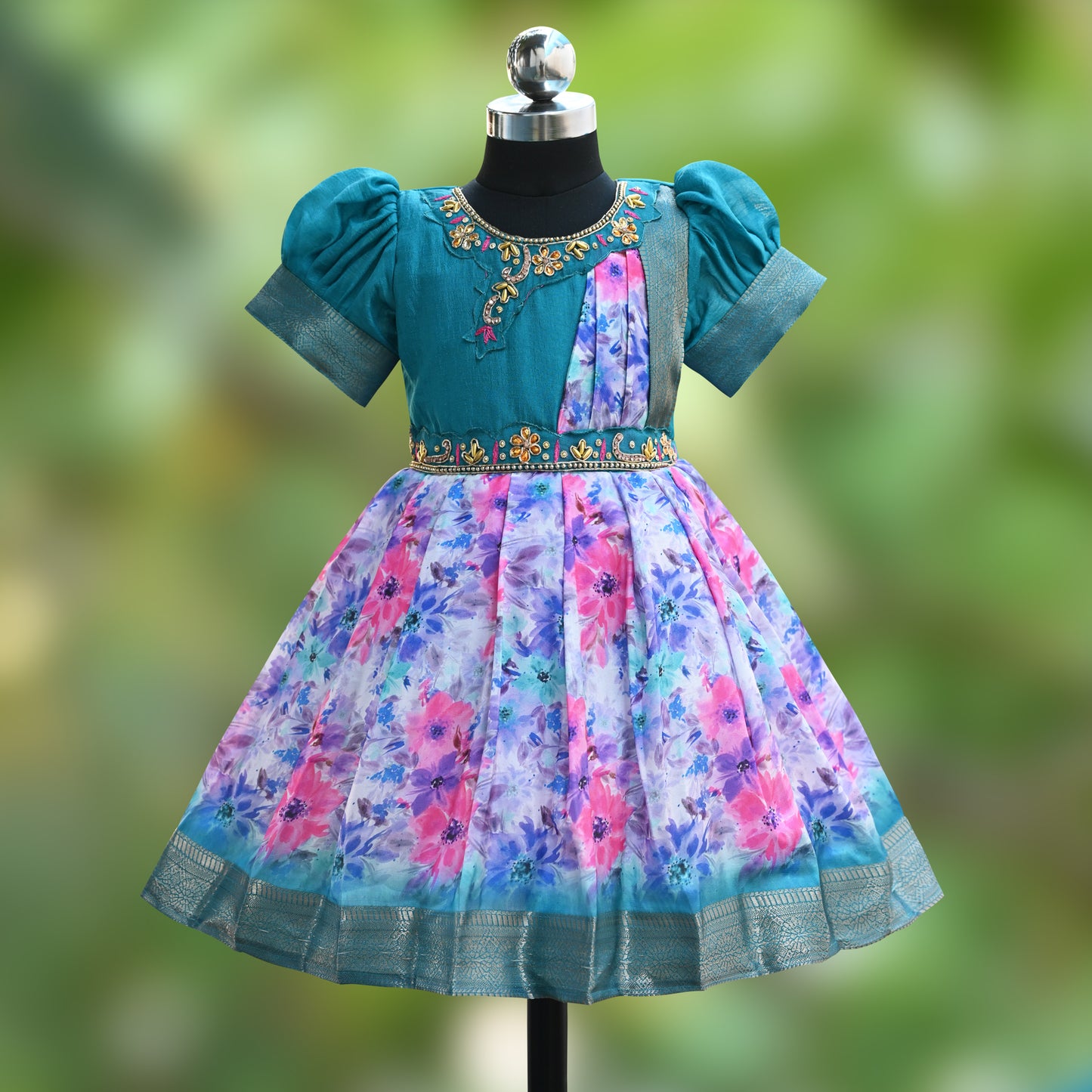 Girls Floral Print Bead Embellished Stylish Ethnic Dress