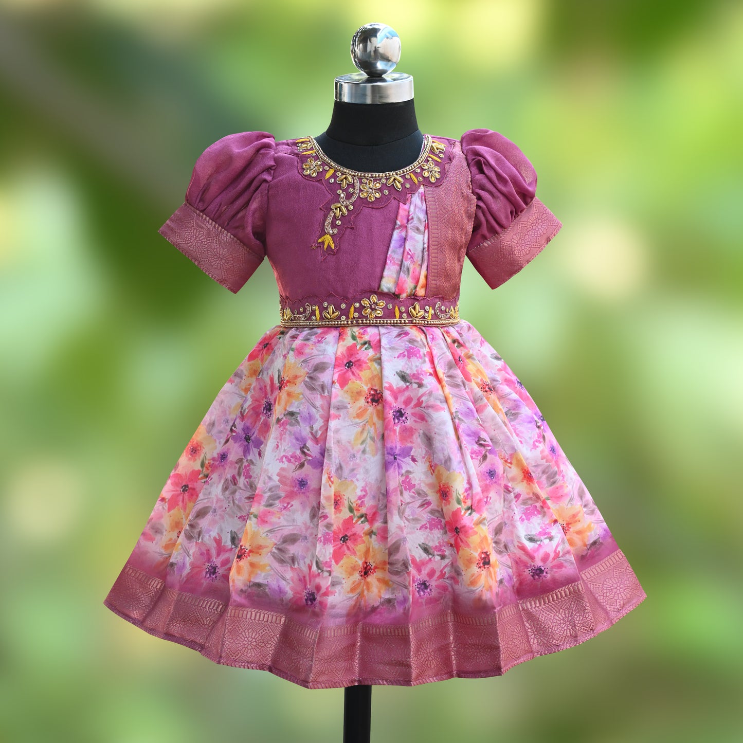 Girls Floral Print Bead Embellished Stylish Ethnic Dress