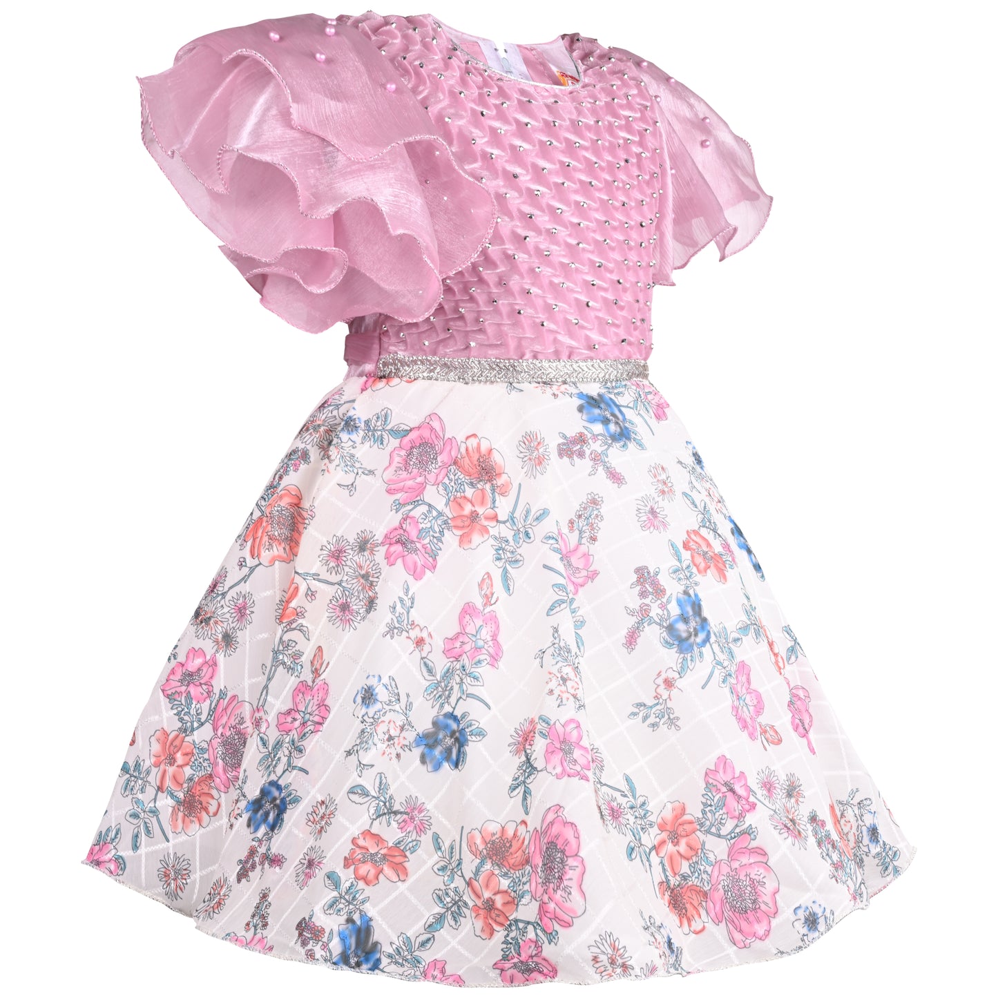 Girls Floral Embellished Flared Sleeves Party Dress