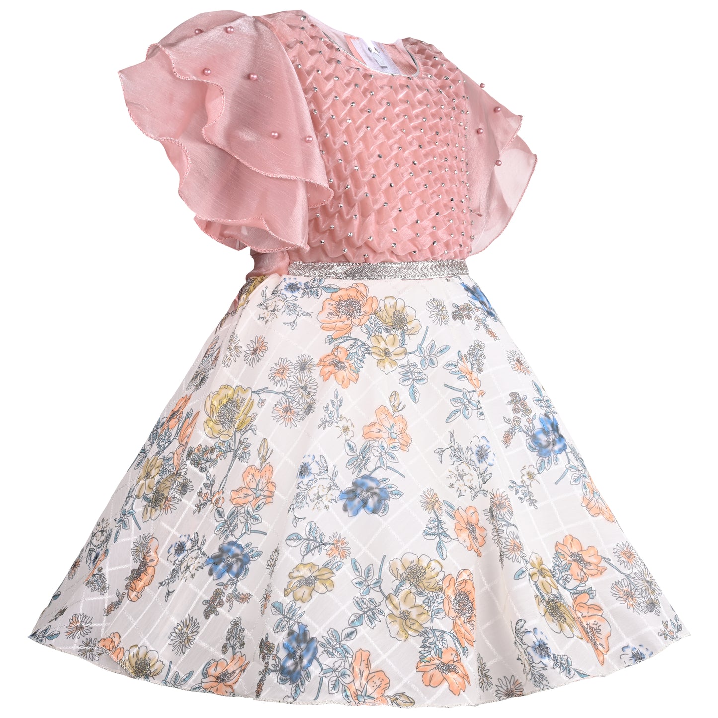 Girls Floral Embellished Flared Sleeves Party Dress