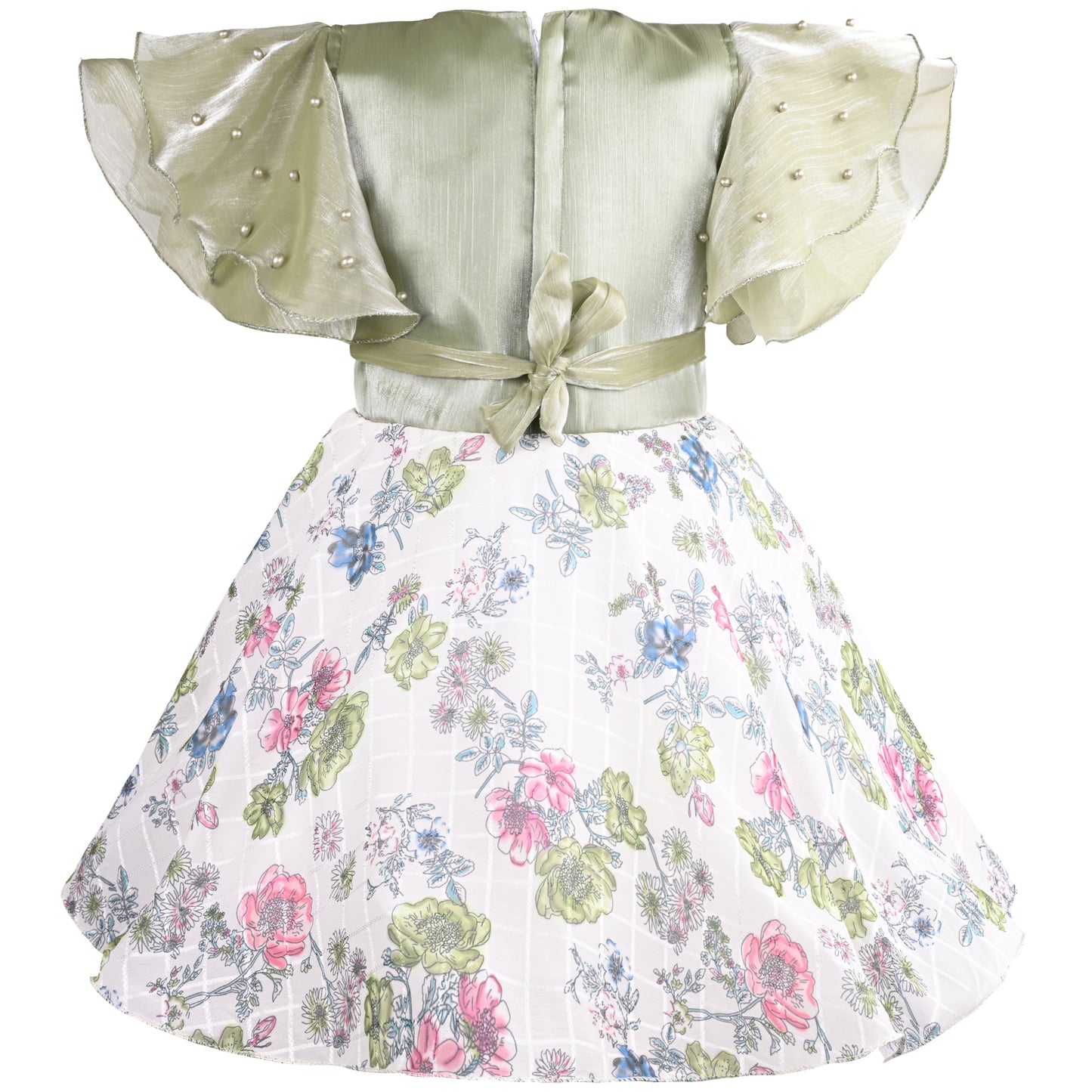 Girls Floral Embellished Flared Sleeves Party Dress