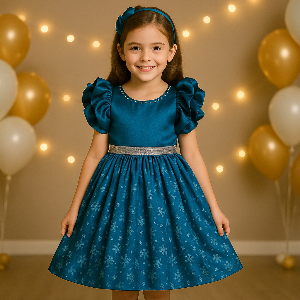Girls Floral Shimmery Ruffle Sleeve Dress