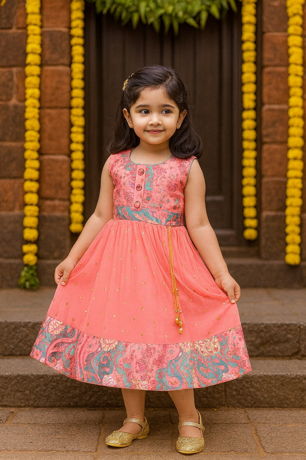 Girls Floral Design Sequin Flared Dress
