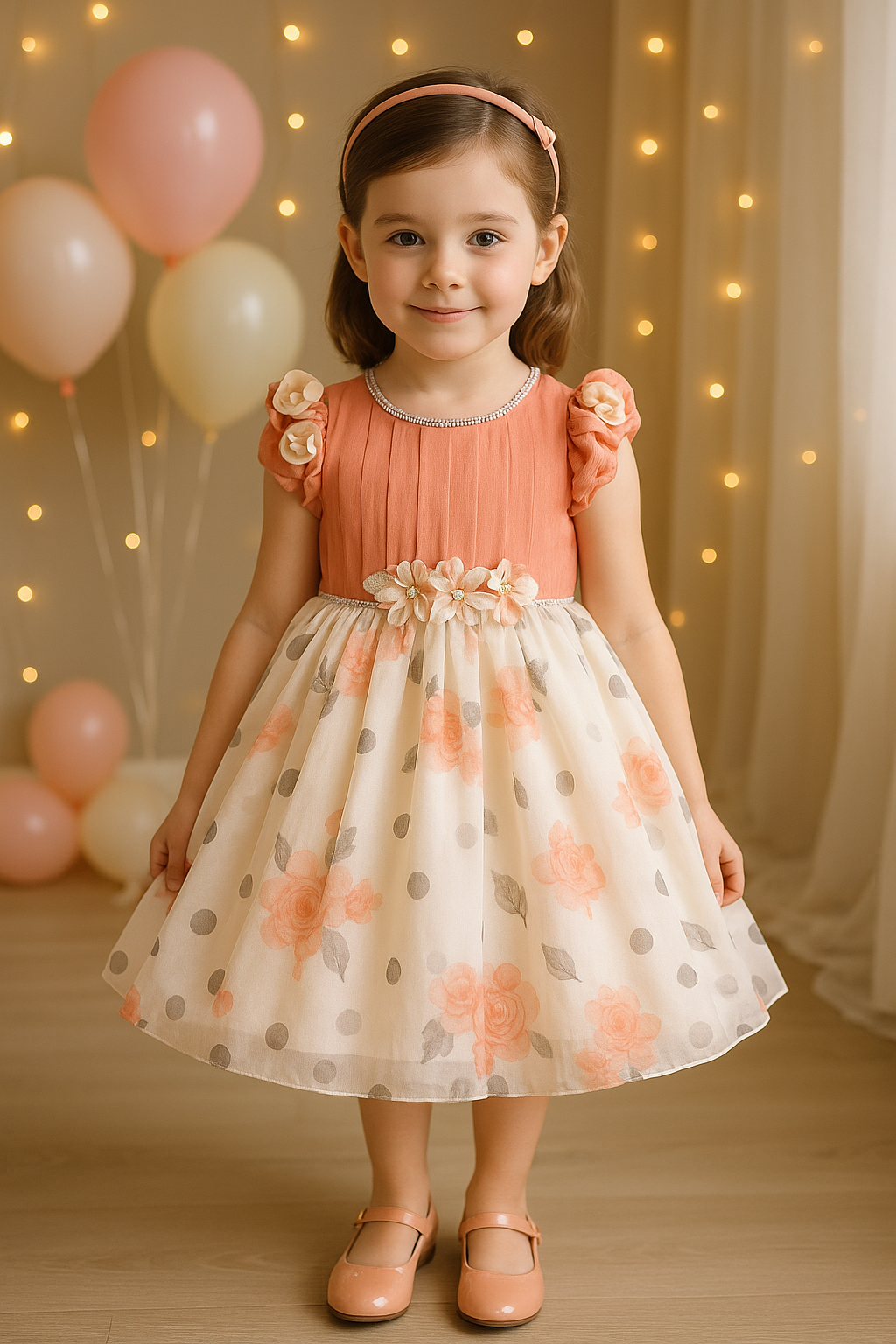 Girls Floral Print Embellished Balloon Party Dress