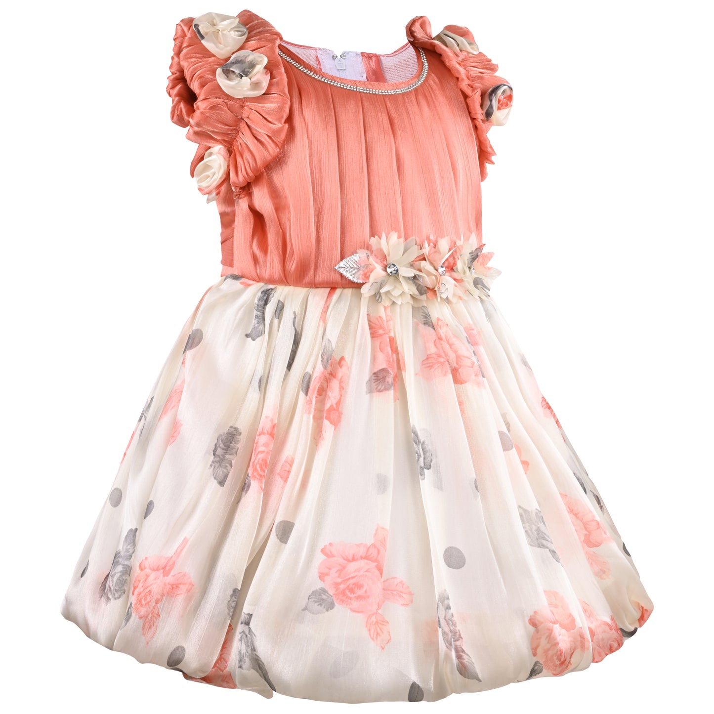 Girls Floral Print Embellished Balloon Party Dress