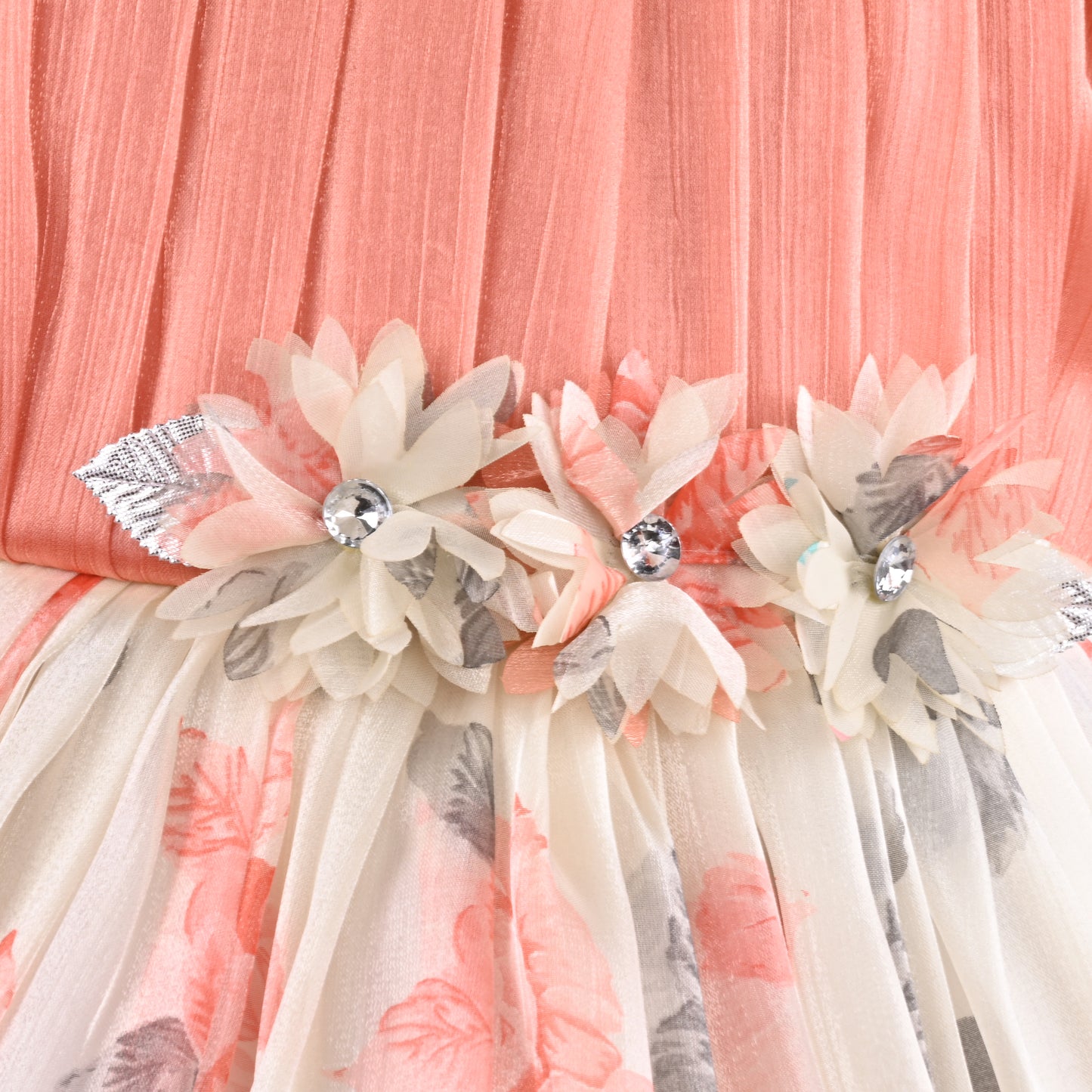 Girls Floral Print Embellished Balloon Party Dress