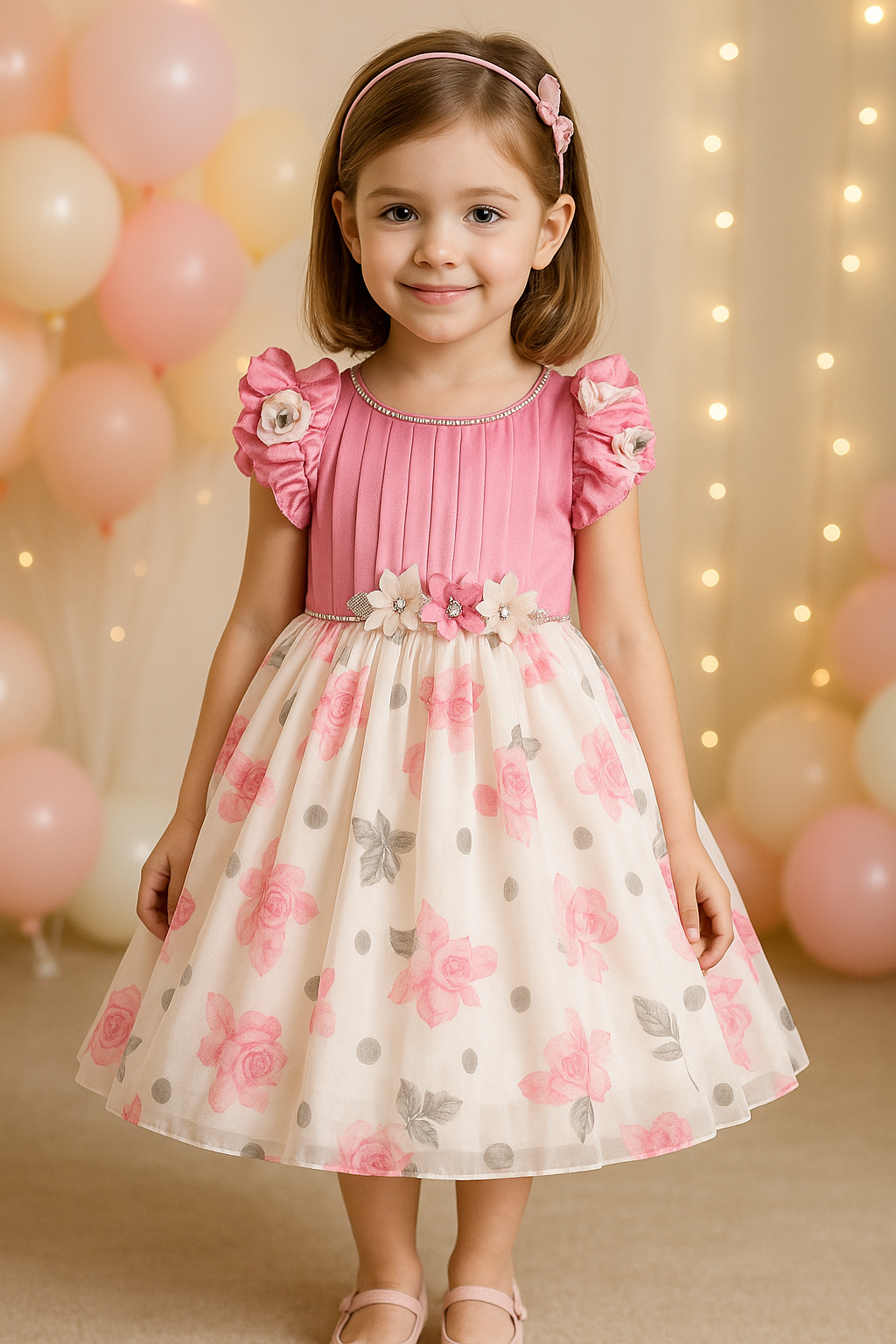 Girls Floral Print Embellished Balloon Party Dress
