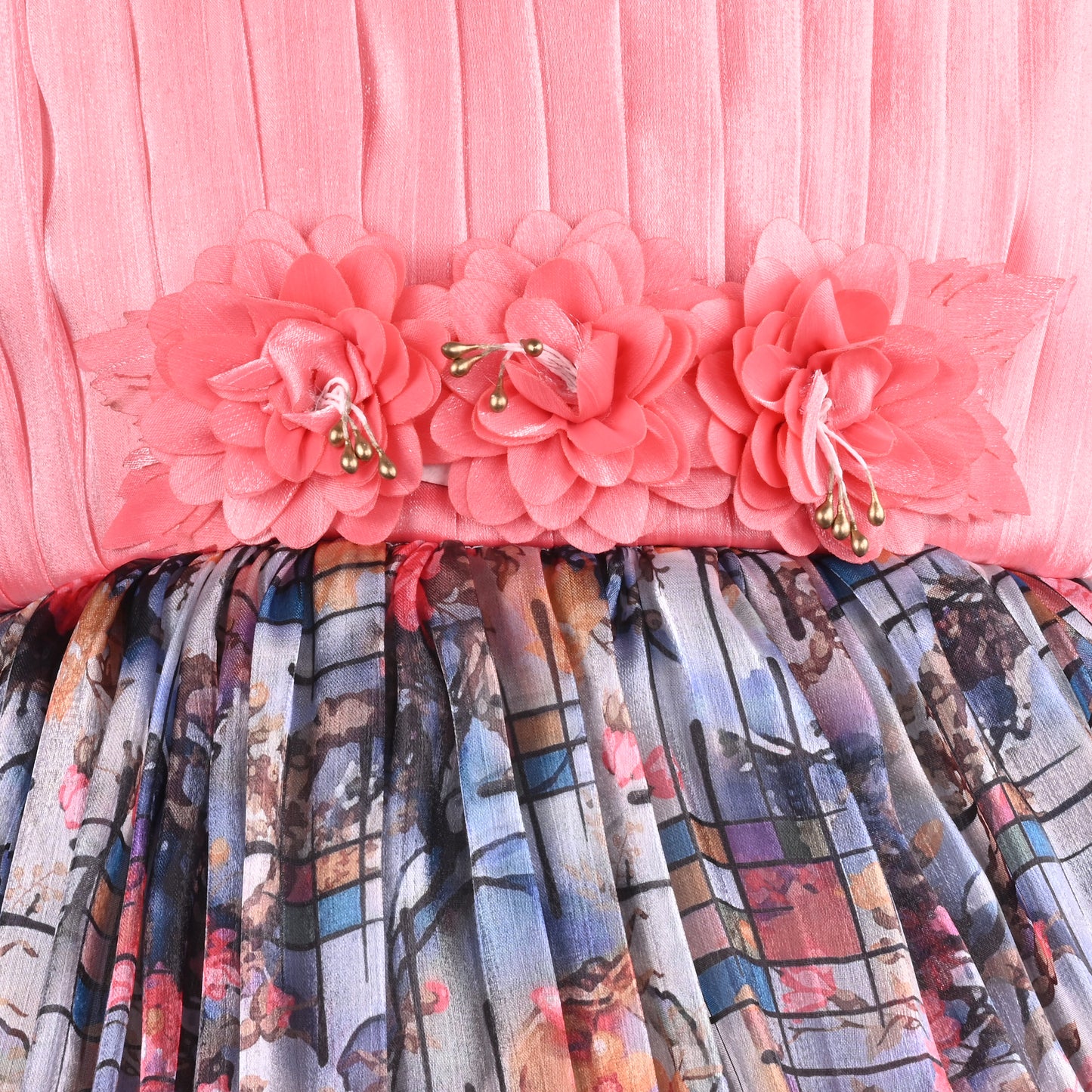 Girls Floral Print Pleated Art Silk Party Dress