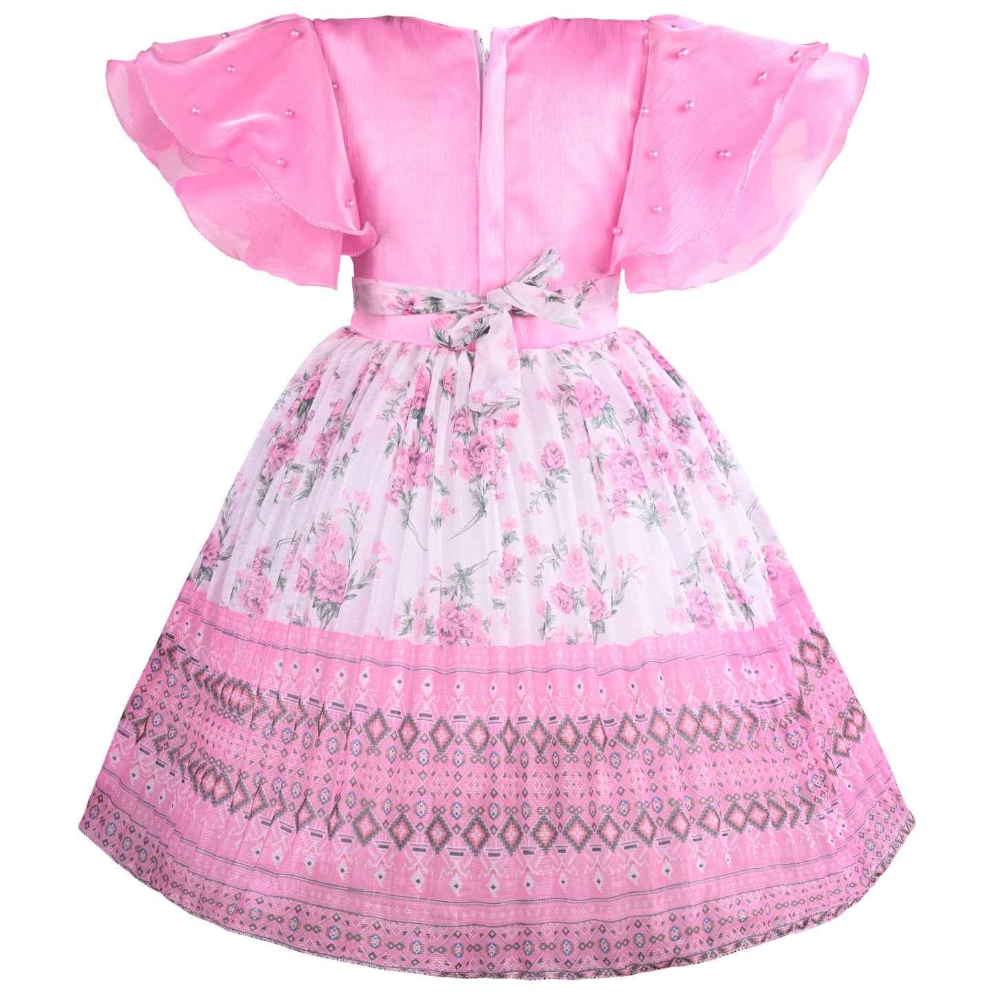 Girls Floral Print Embellished Flared Dress