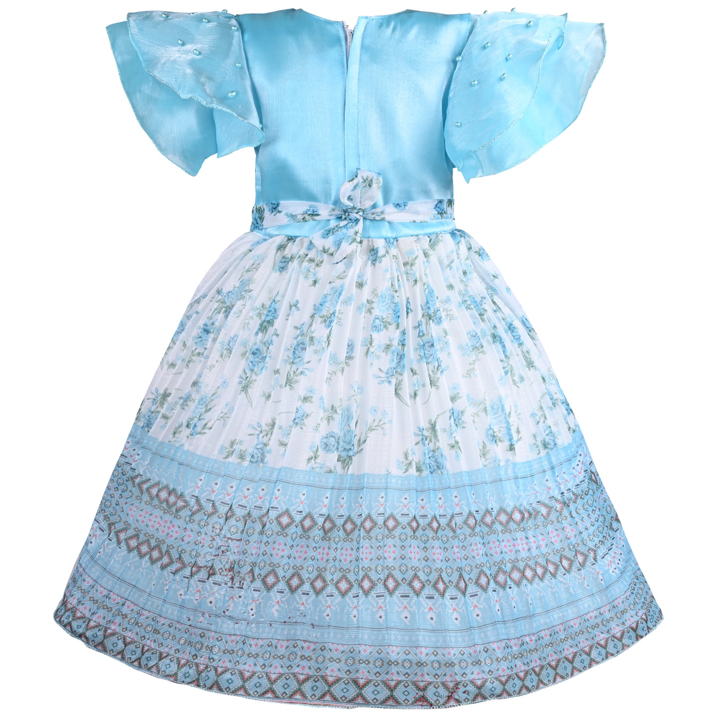Girls Floral Print Embellished Flared Dress