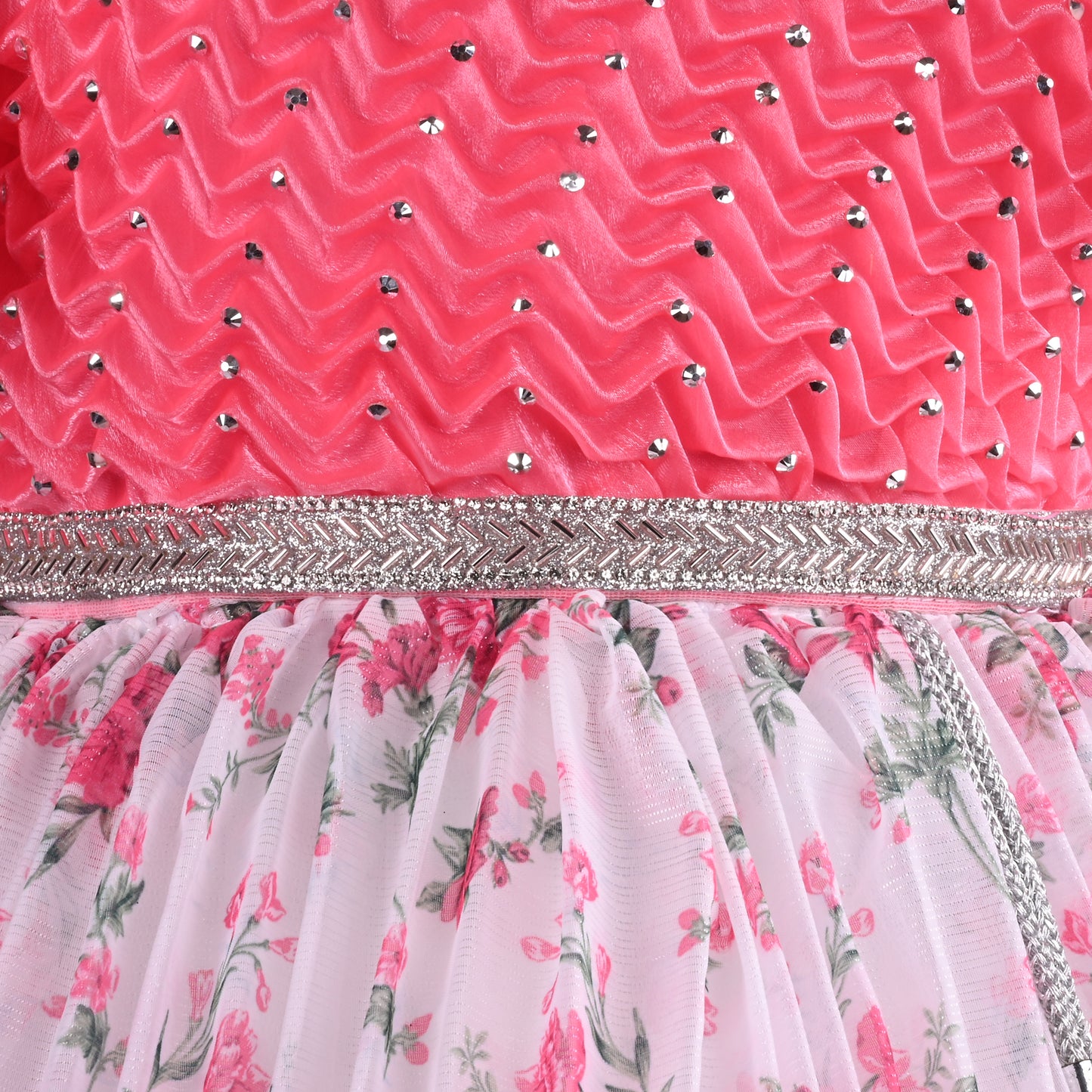 Girls Floral Print Embellished Flared Dress