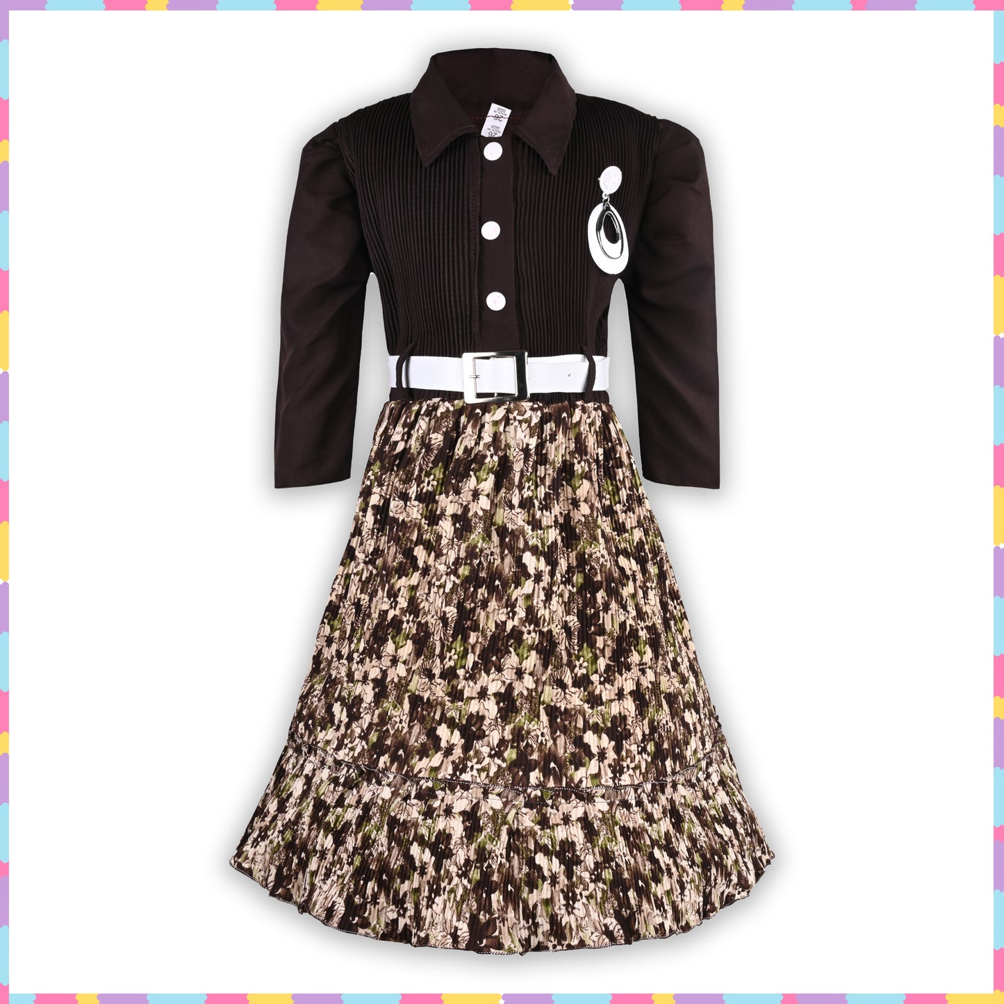 Girls Floral Collar Casual Dress with Belt