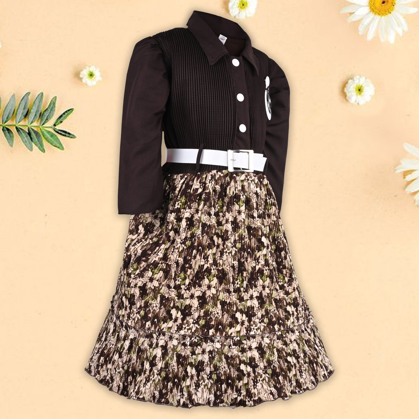 Girls Floral Collar Casual Dress with Belt