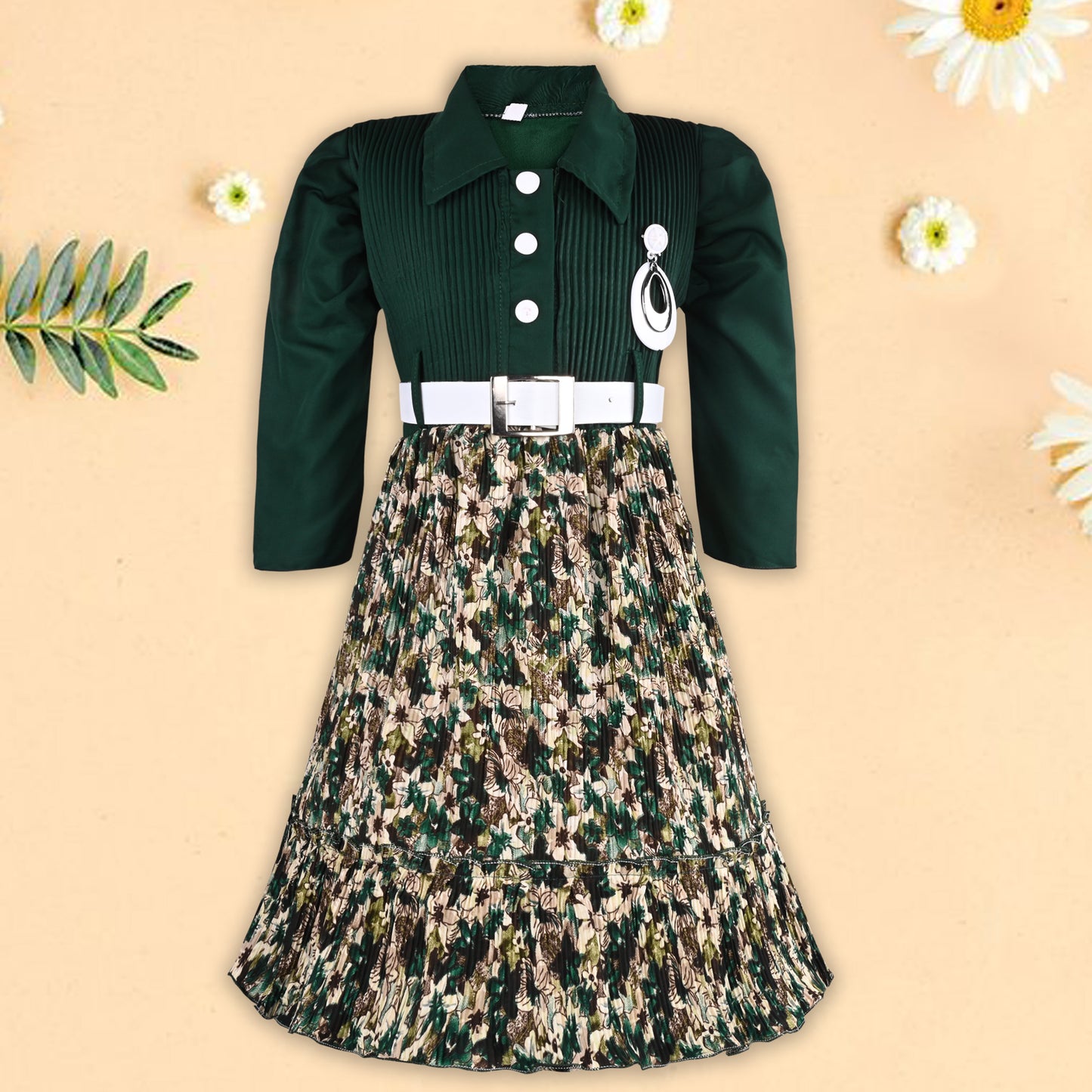 Girls Floral Collar Casual Dress with Belt