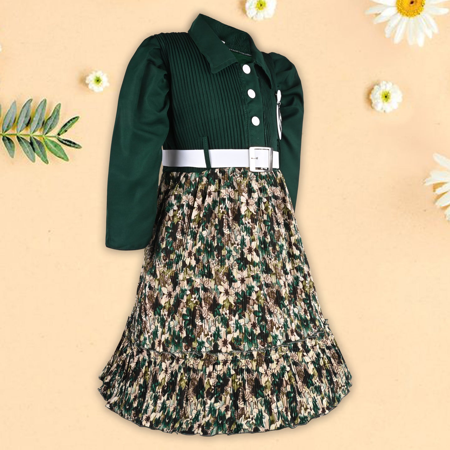 Girls Floral Collar Casual Dress with Belt