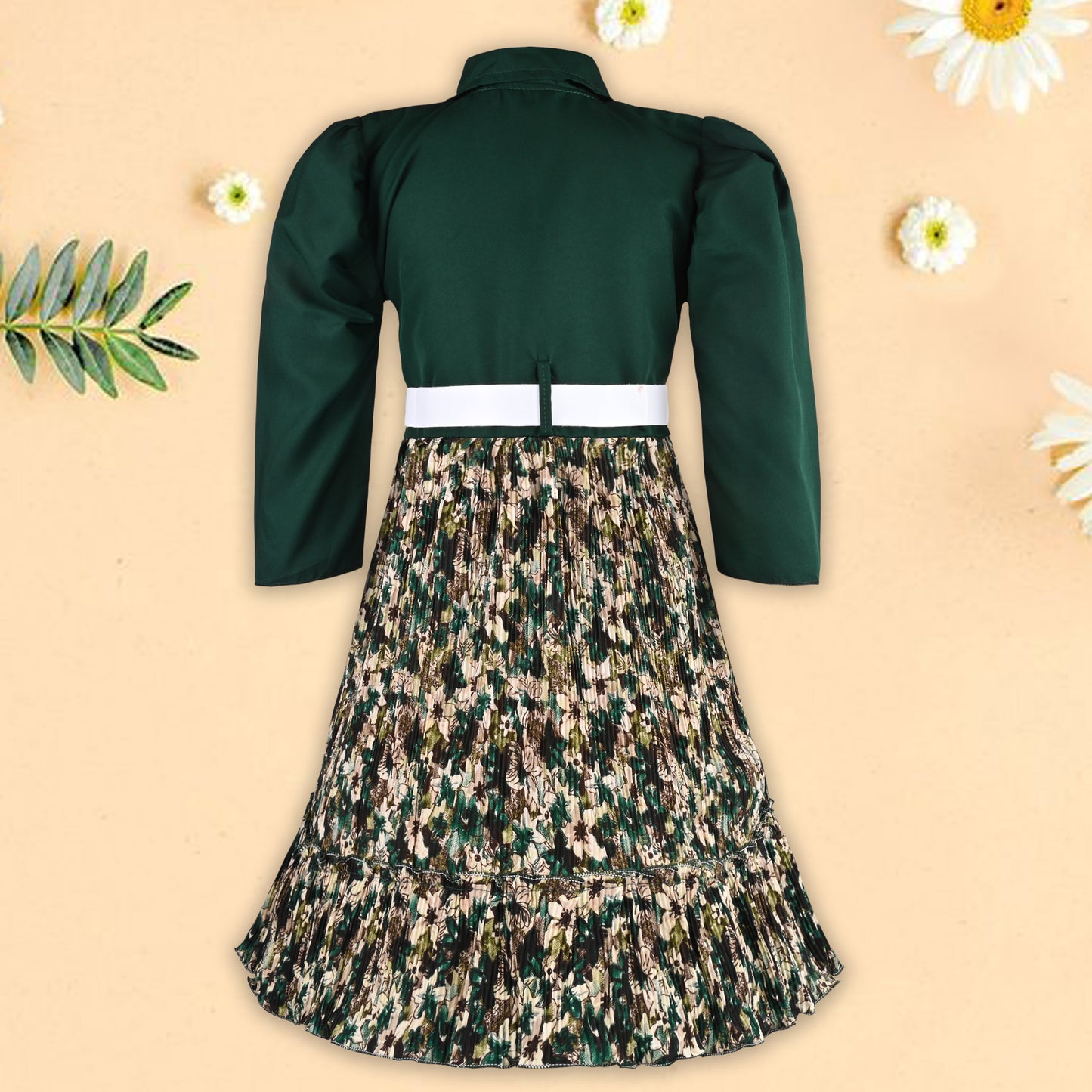 Girls Floral Collar Casual Dress with Belt