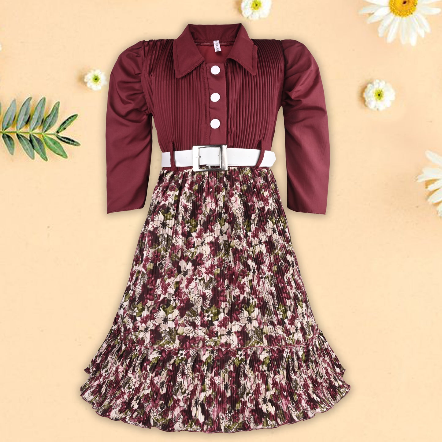 Girls Floral Collar Casual Dress with Belt