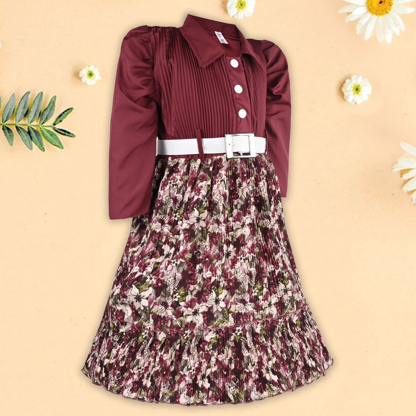 Girls Floral Collar Casual Dress with Belt