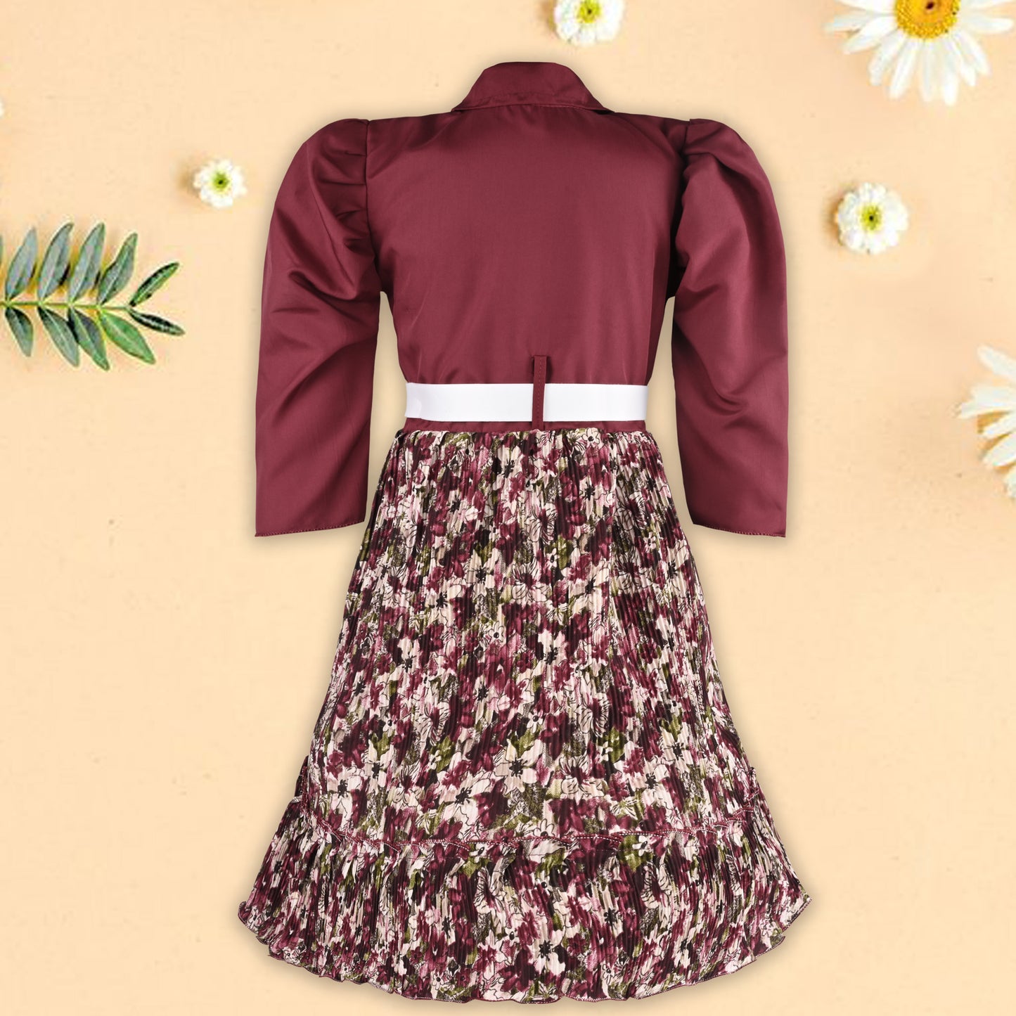 Girls Floral Collar Casual Dress with Belt