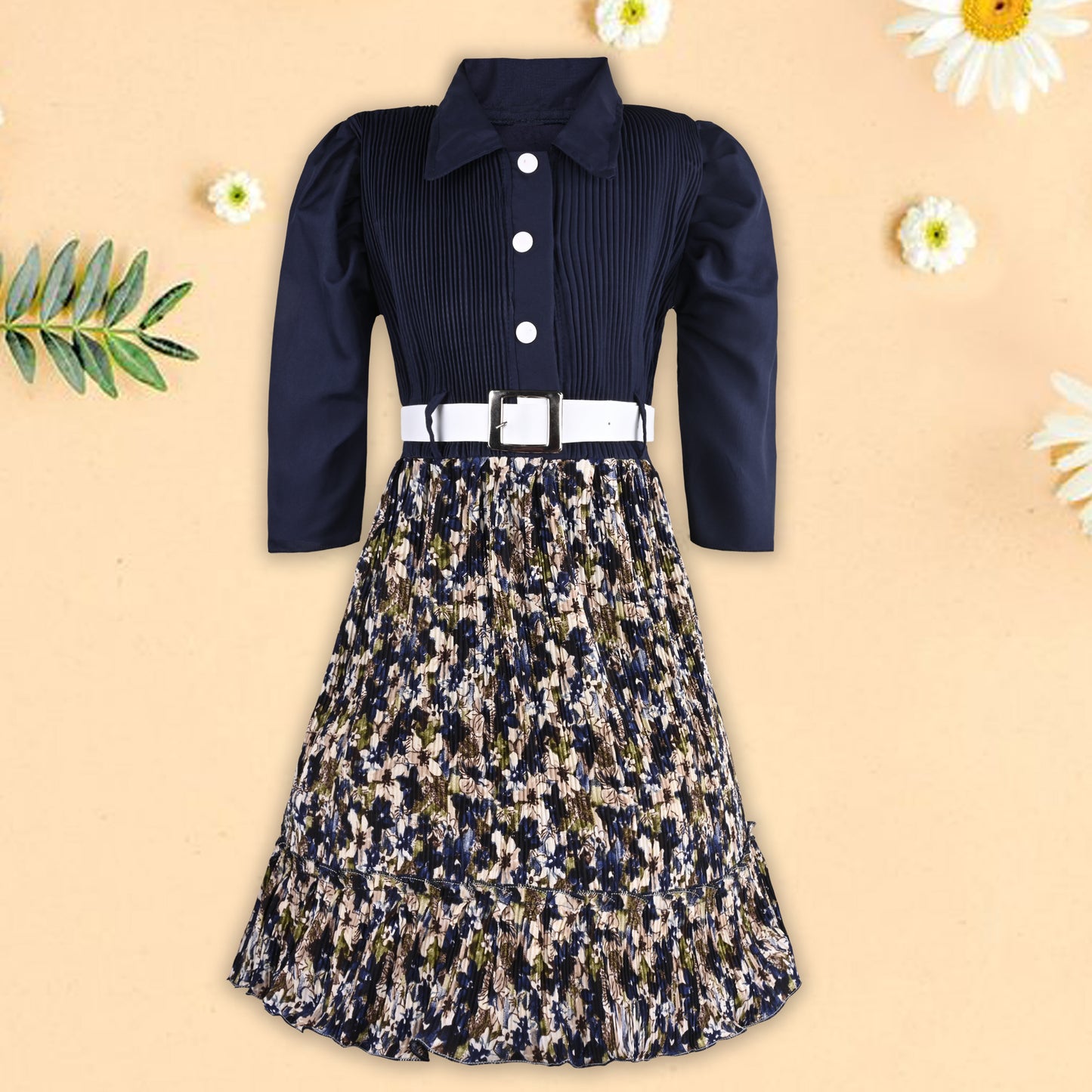 Girls Floral Collar Casual Dress with Belt