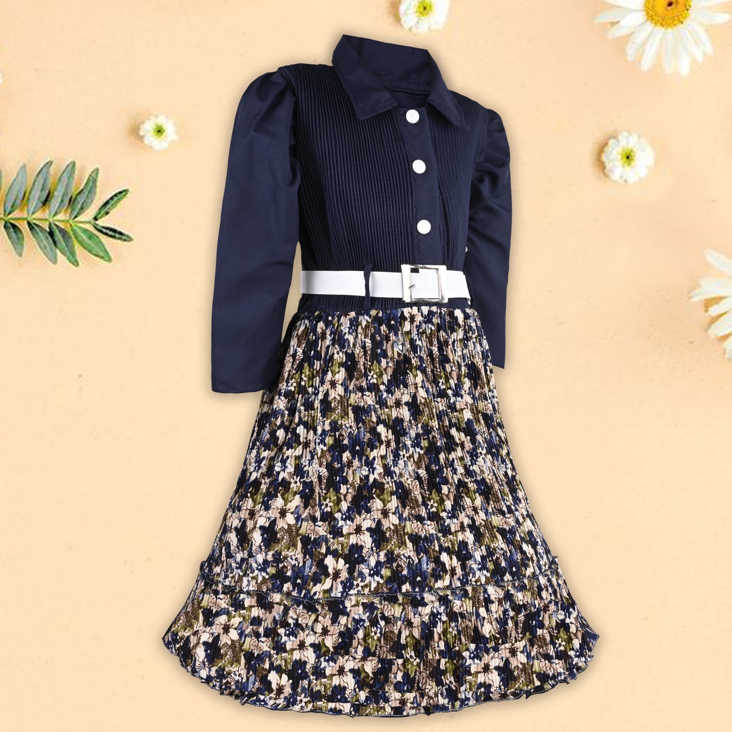 Girls Floral Collar Casual Dress with Belt