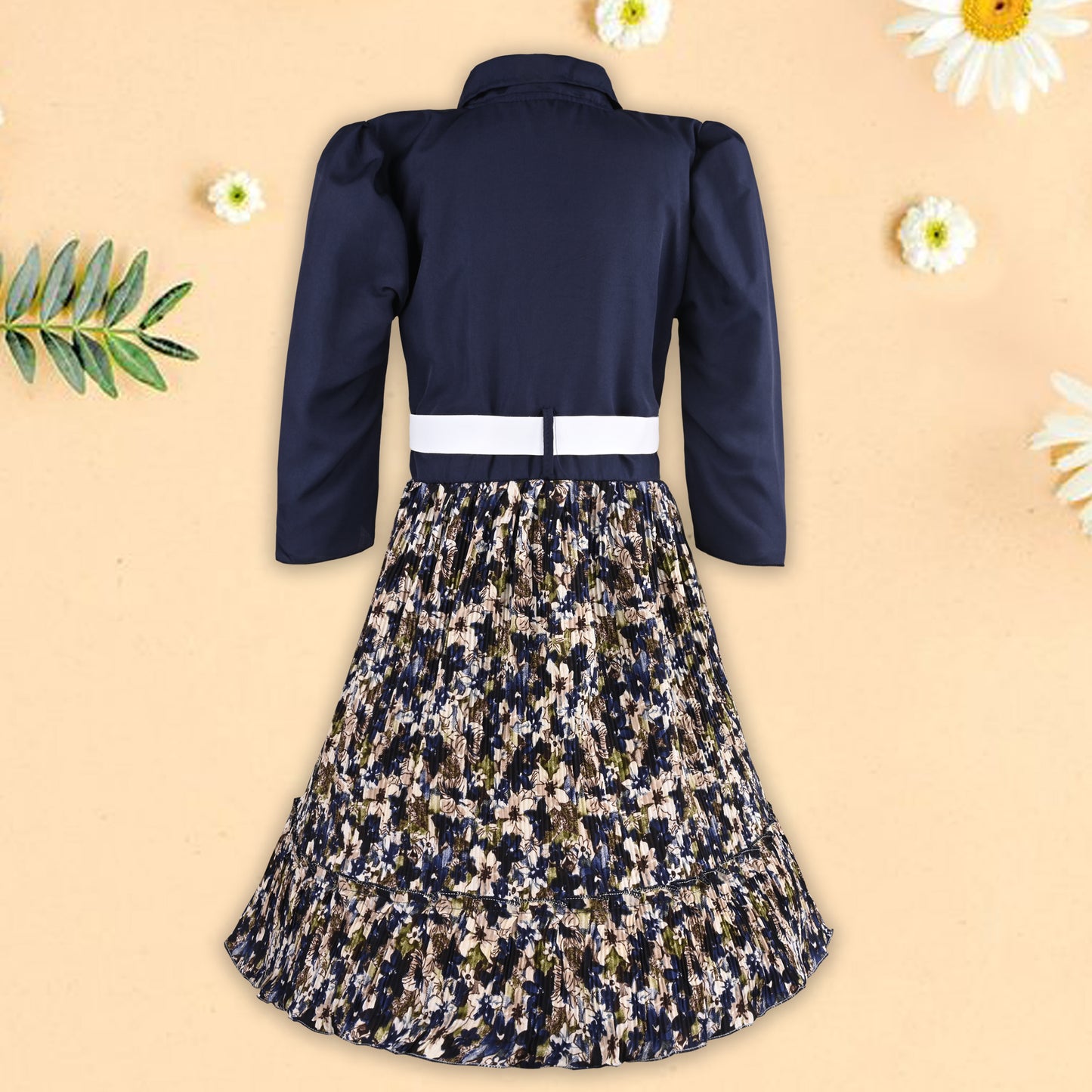 Girls Floral Collar Casual Dress with Belt