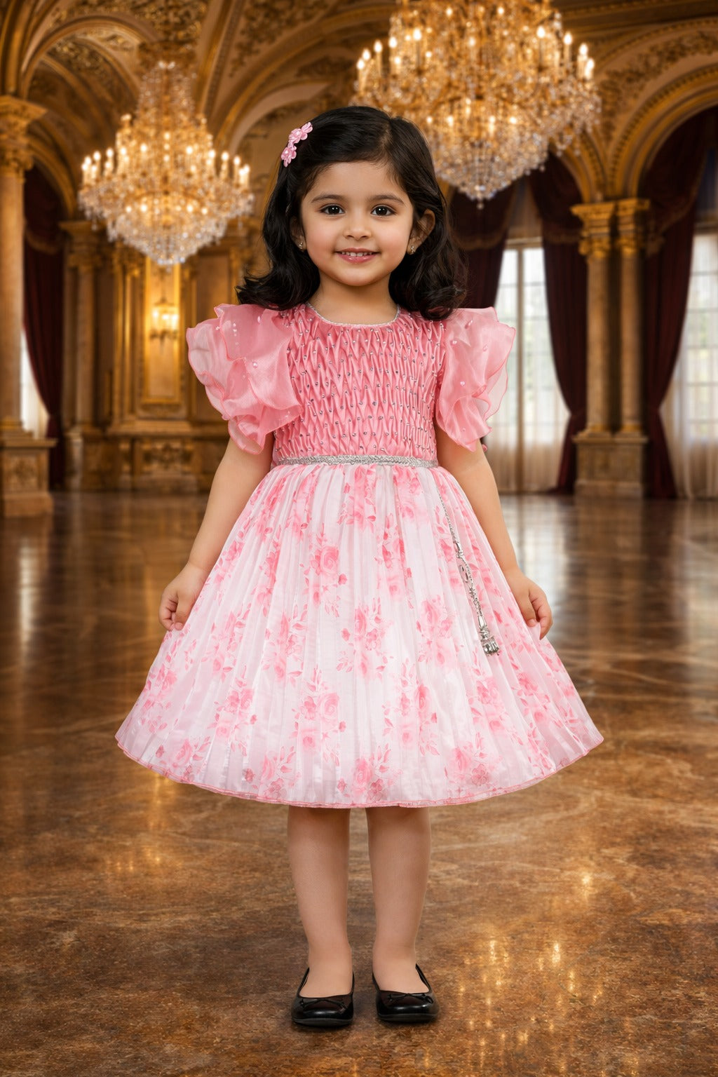 Girls Floral Rhinestone Pleated Dress