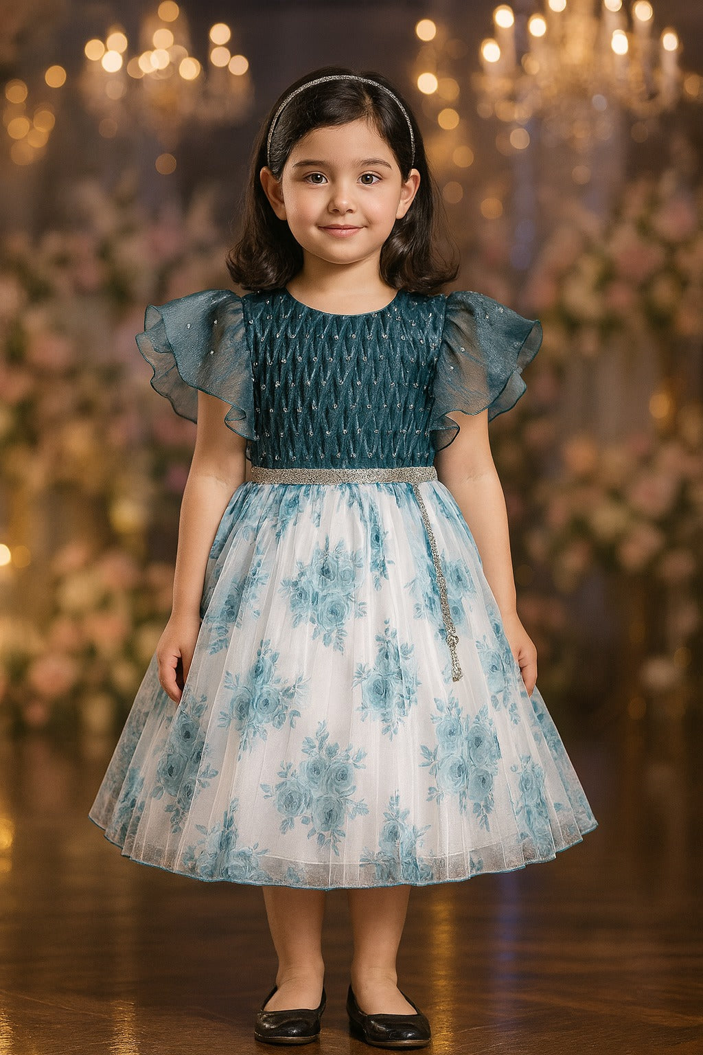 Girls Floral Rhinestone Pleated Dress