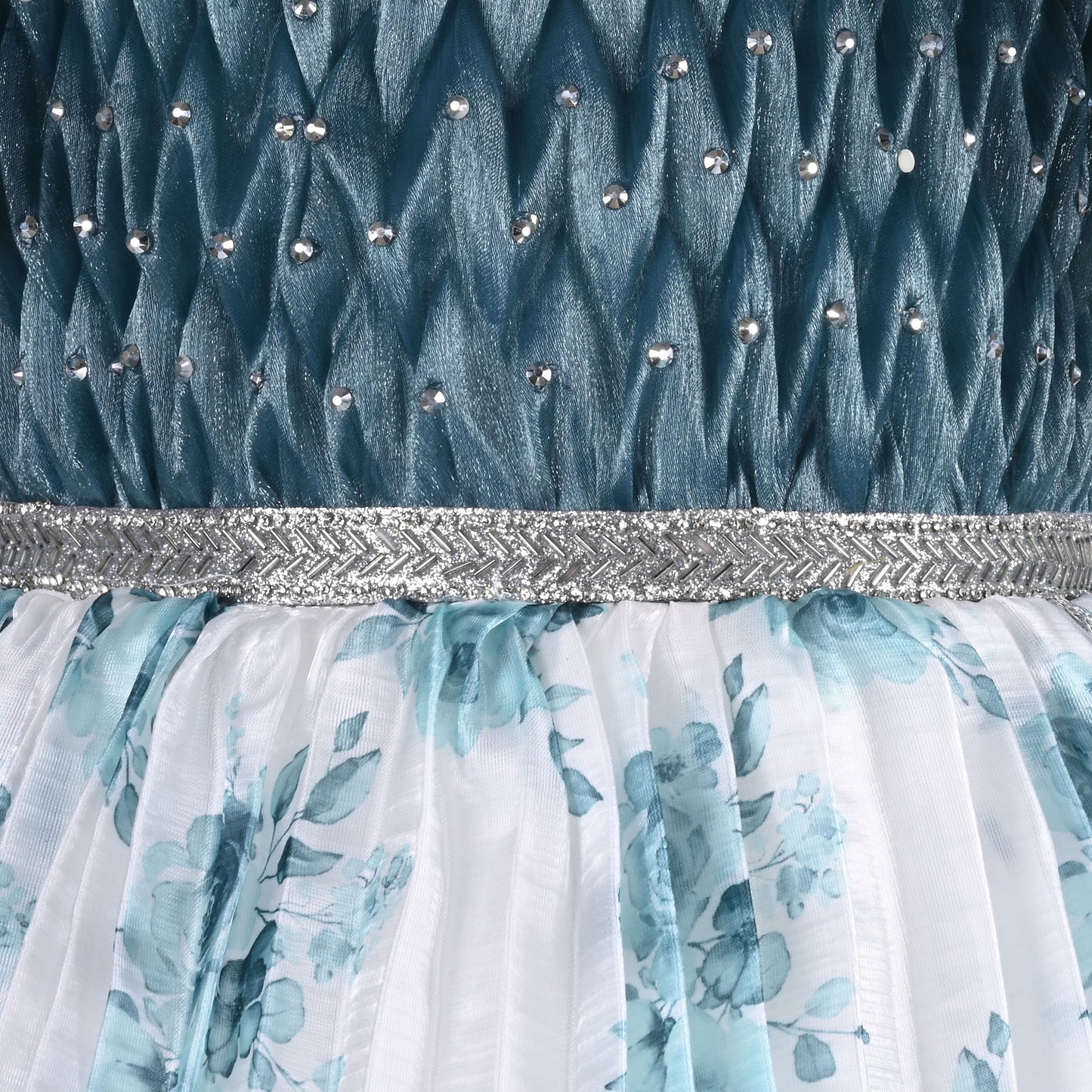 Girls Floral Rhinestone Pleated Dress