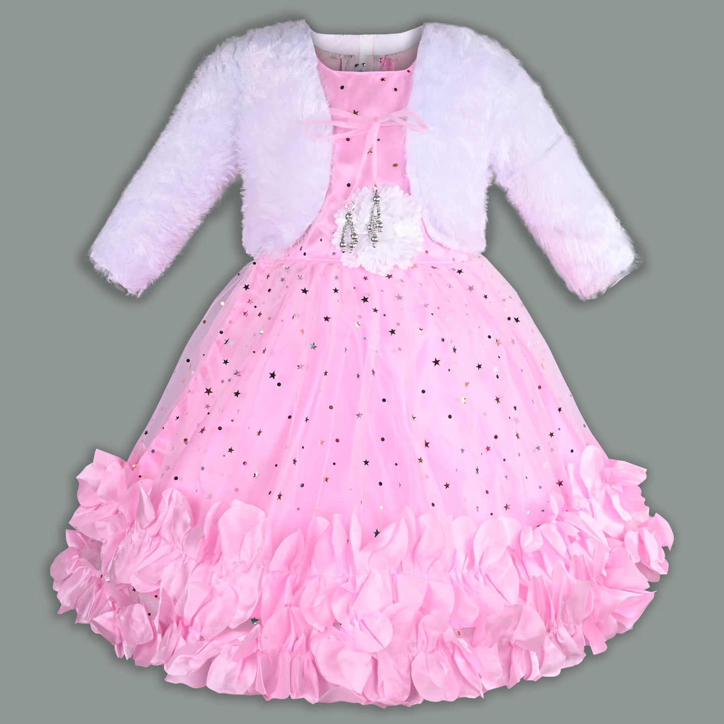 Girls Star Embellished Ruffled Hem Party Dress