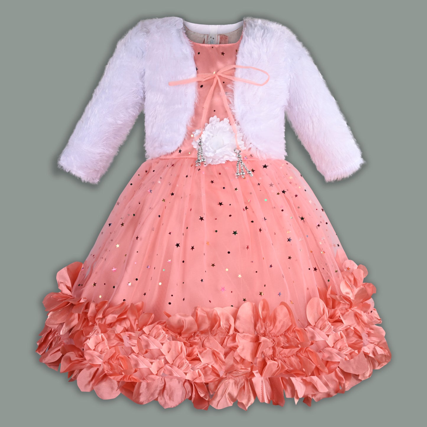 Girls Star Embellished Ruffled Hem Party Dress