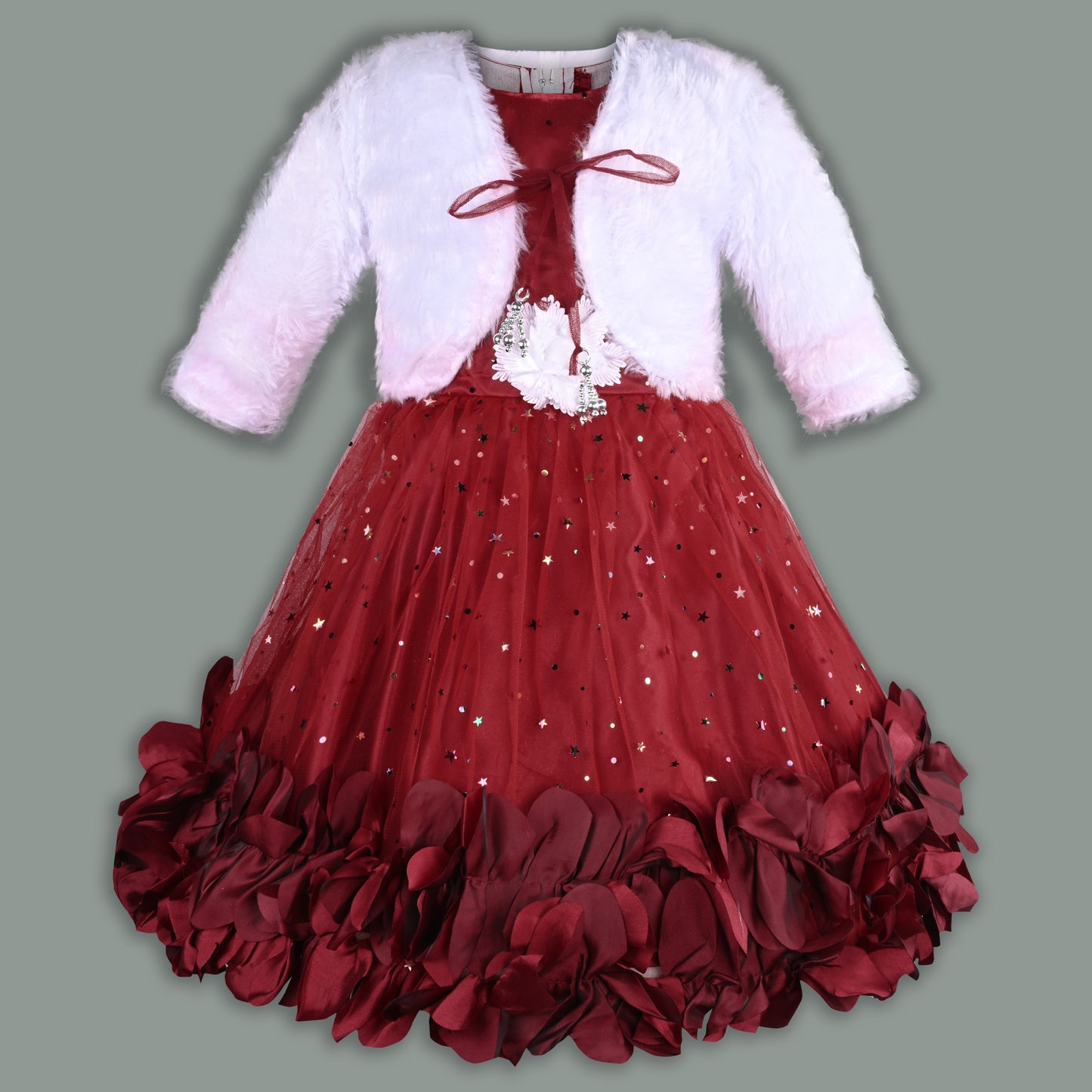 Girls Star Embellished Ruffled Hem Party Dress