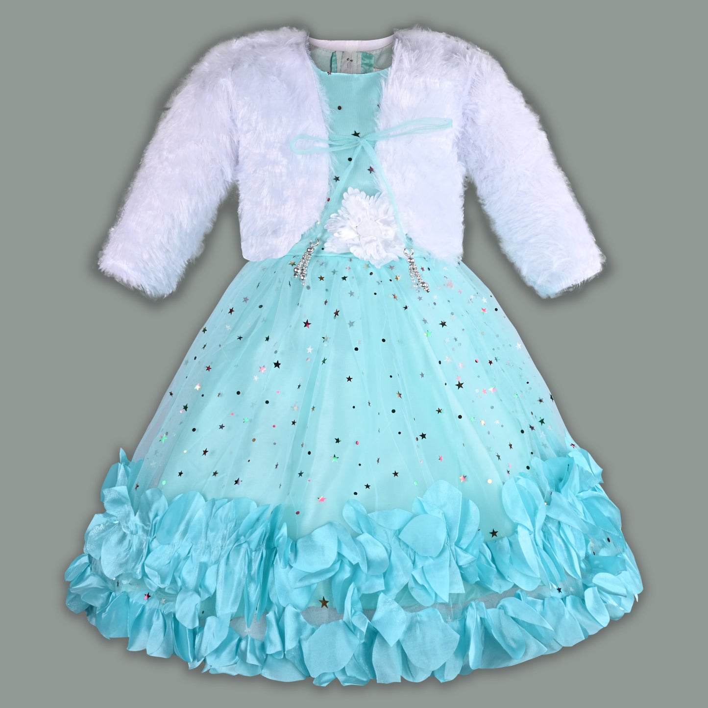 Girls Star Embellished Ruffled Hem Party Dress
