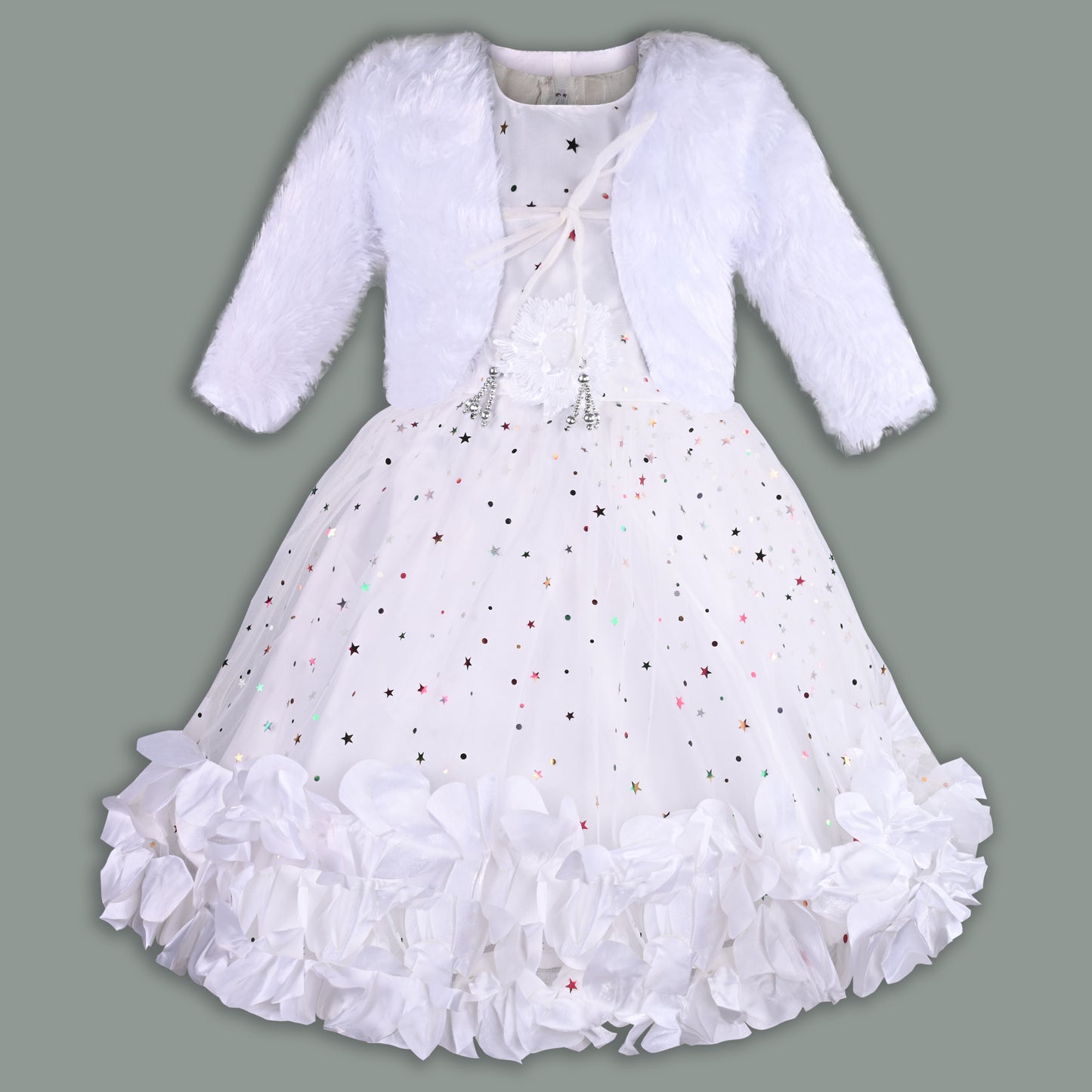 Girls Star Embellished Ruffled Hem Party Dress