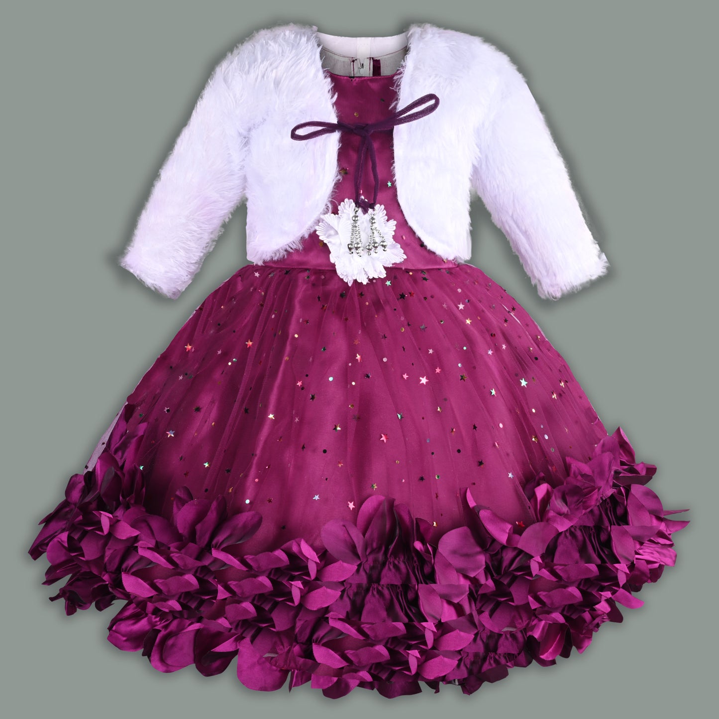 Girls Star Embellished Ruffled Hem Party Dress